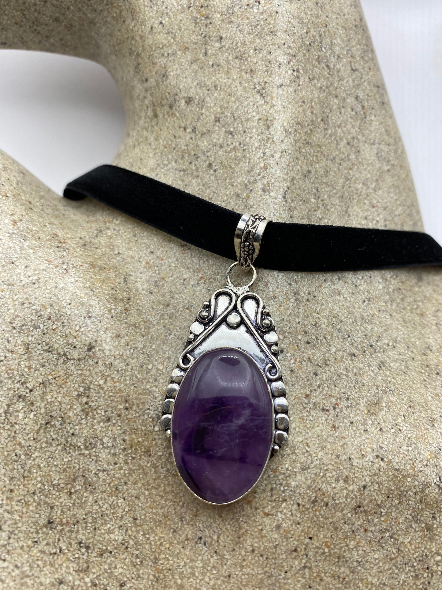 Vintage Purple Amethyst Choker Bohemian Cabochon Droplet Necklace