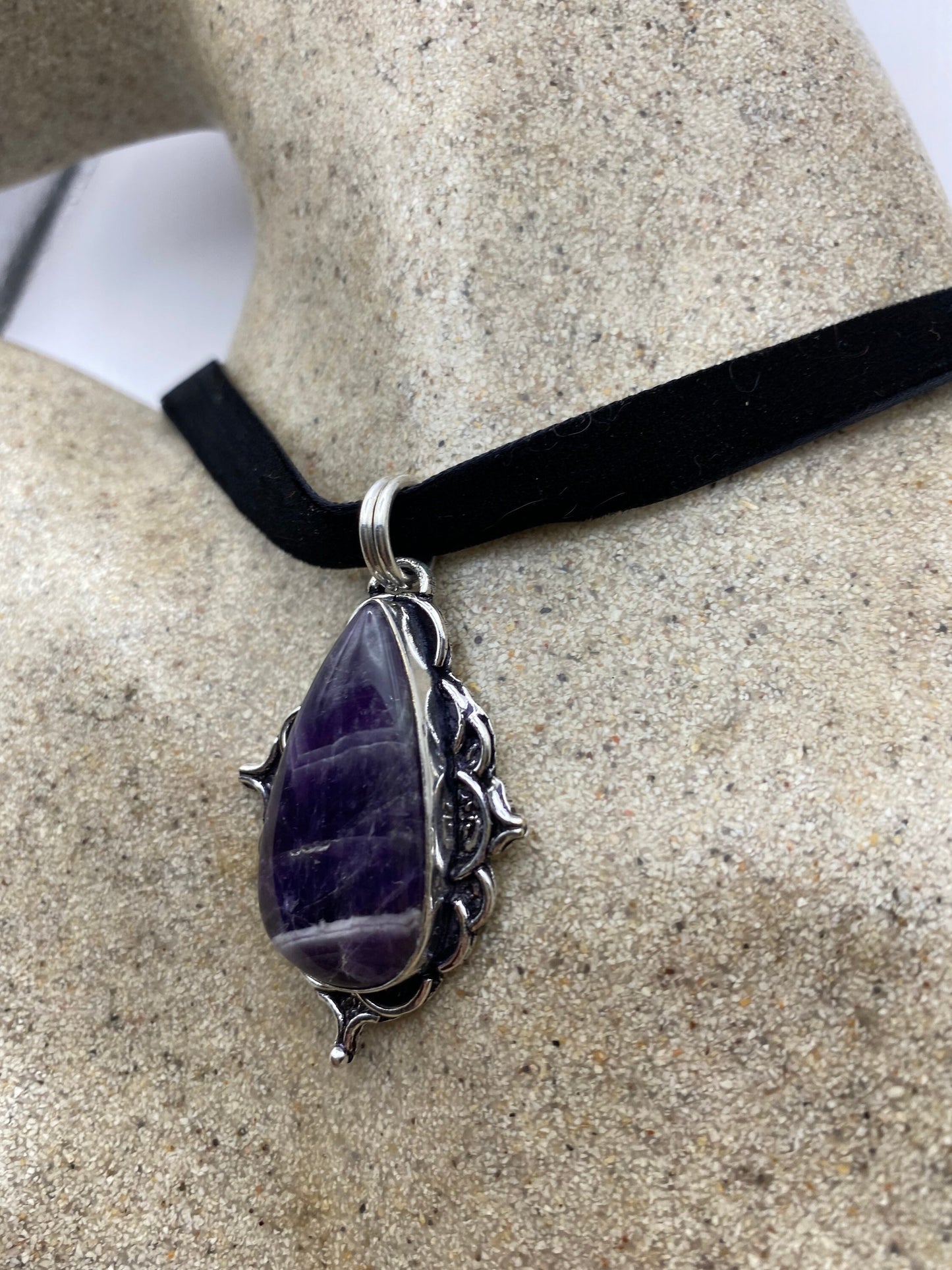Vintage Purple Amethyst Choker Bohemian Cabochon Droplet Necklace