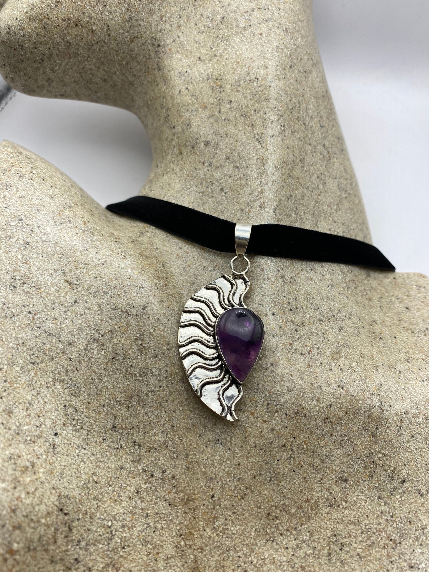 Vintage Purple Amethyst Choker Bohemian Cabochon Droplet Necklace