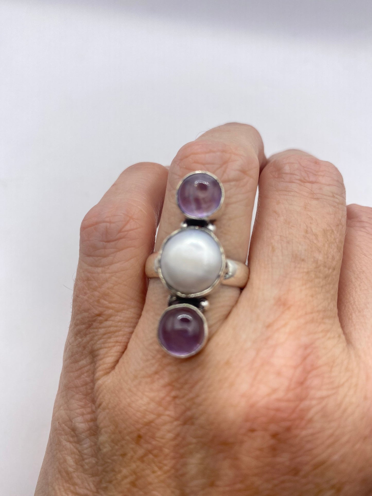 Vintage Boho Purple Amethyst Pearl Cocktail Ring Size 7