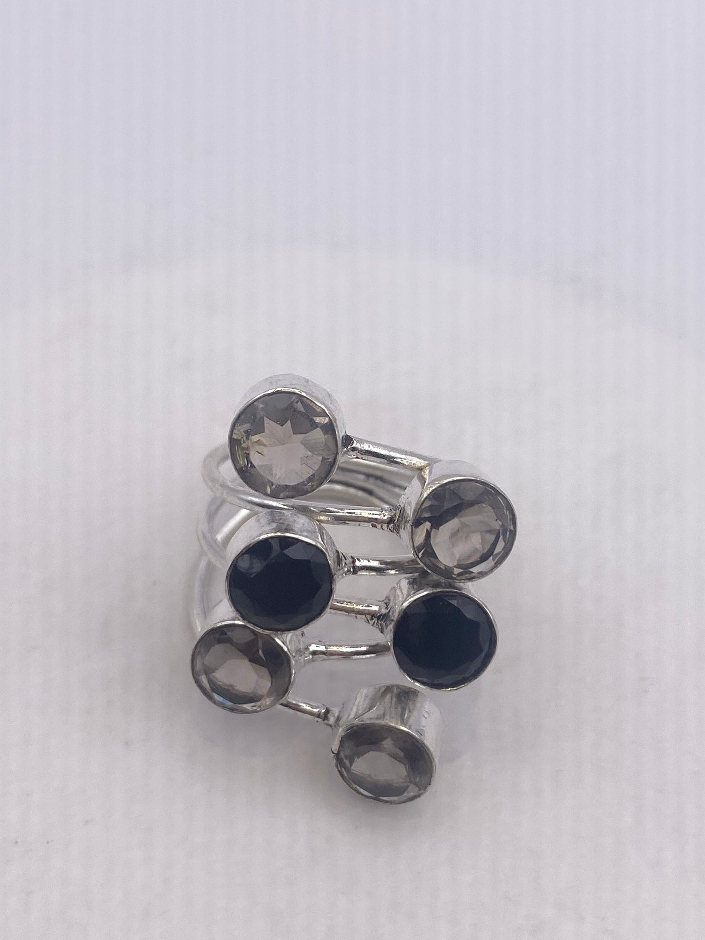 Vintage Black Onyx Smoky Topaz Silver Cocktail Ring Adjustable