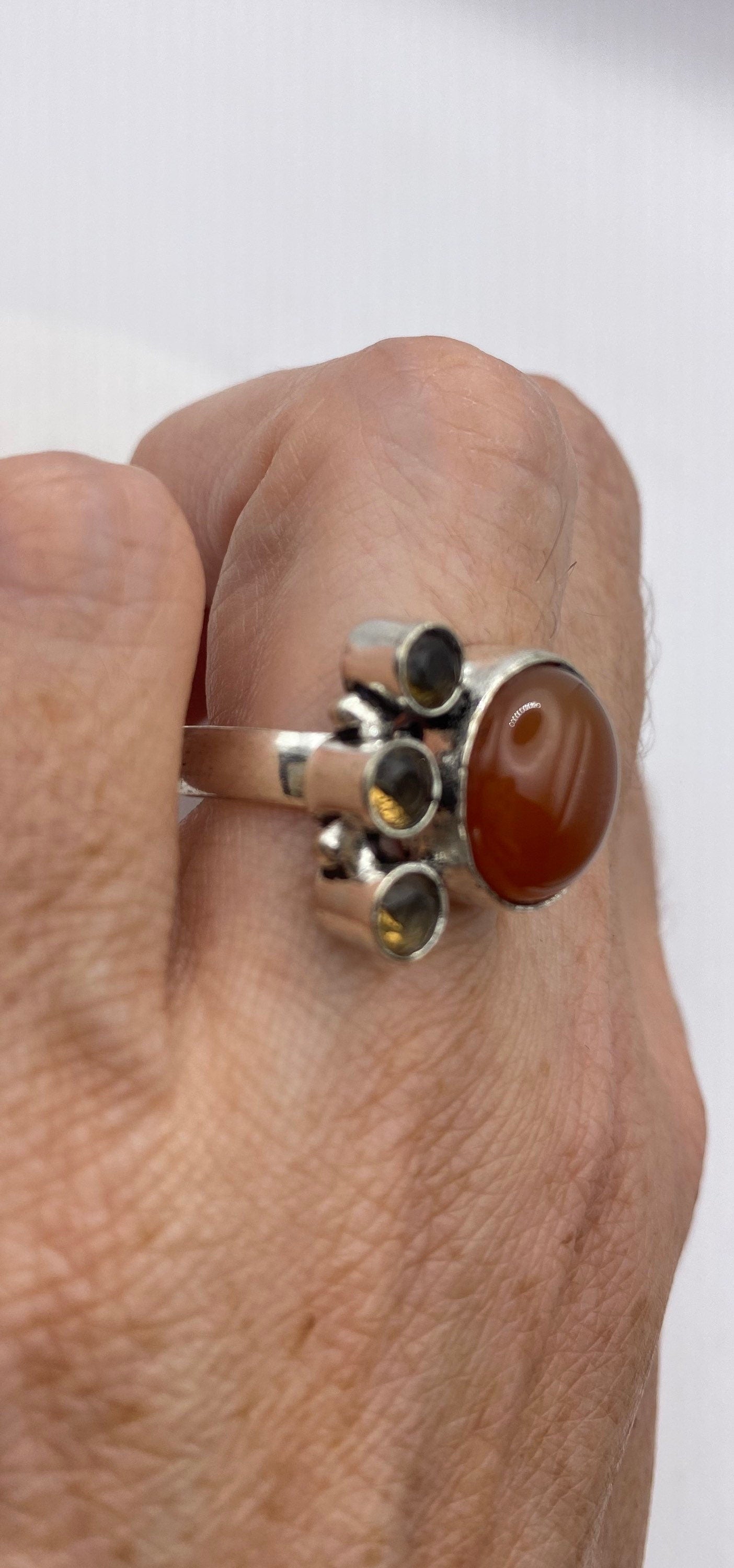 Vintage Red Carnelian Citrine Silver Bronze Ring