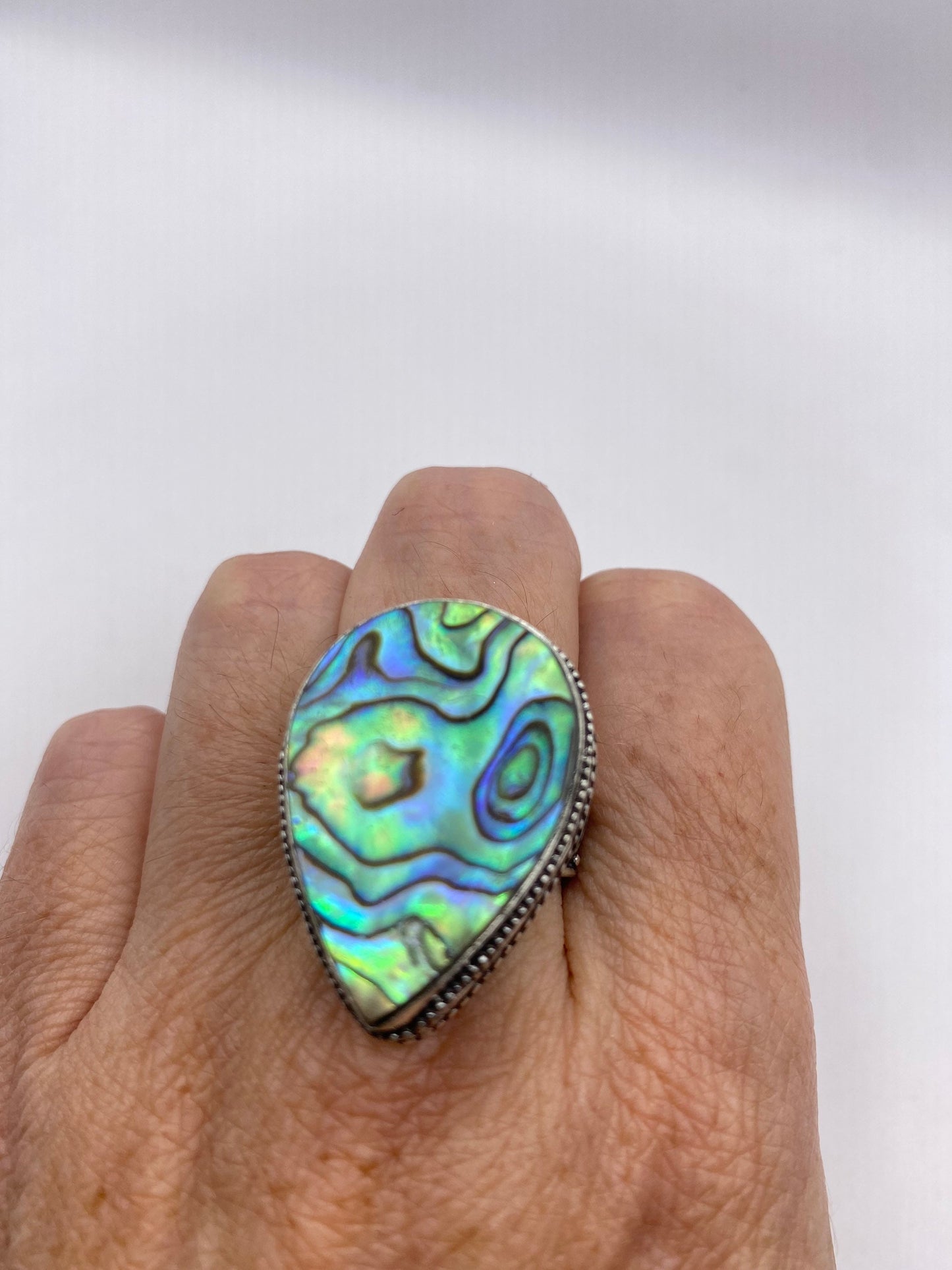 Vintage Green Abalone White Bronze Silver Cocktail Ring