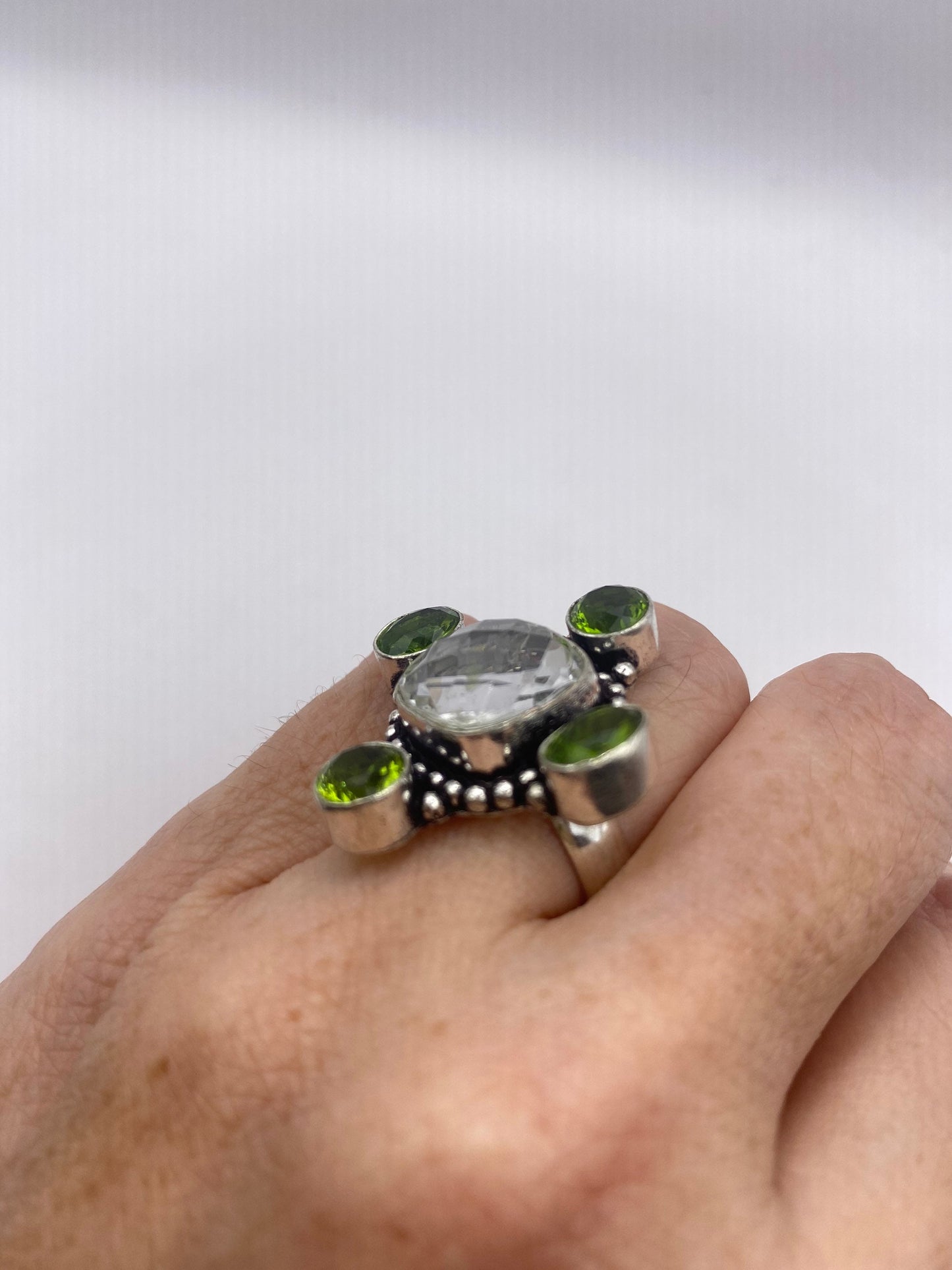 Vintage Clear Quartz Green Peridot Cocktail Ring