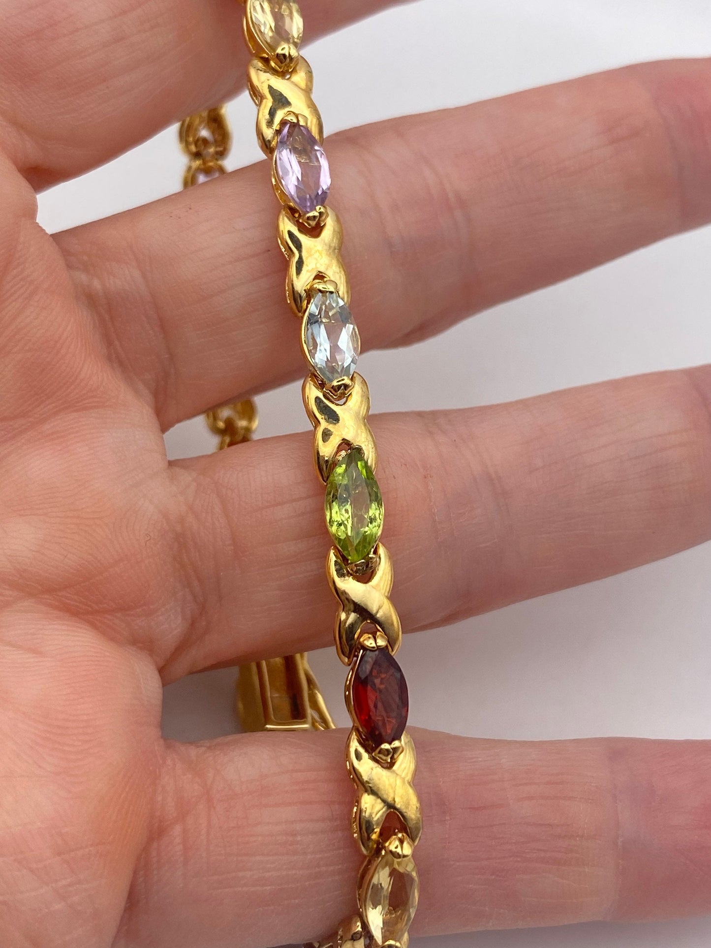 Vintage Mixed Gemstone Golden 925 Sterling Silver Tennis Bracelet