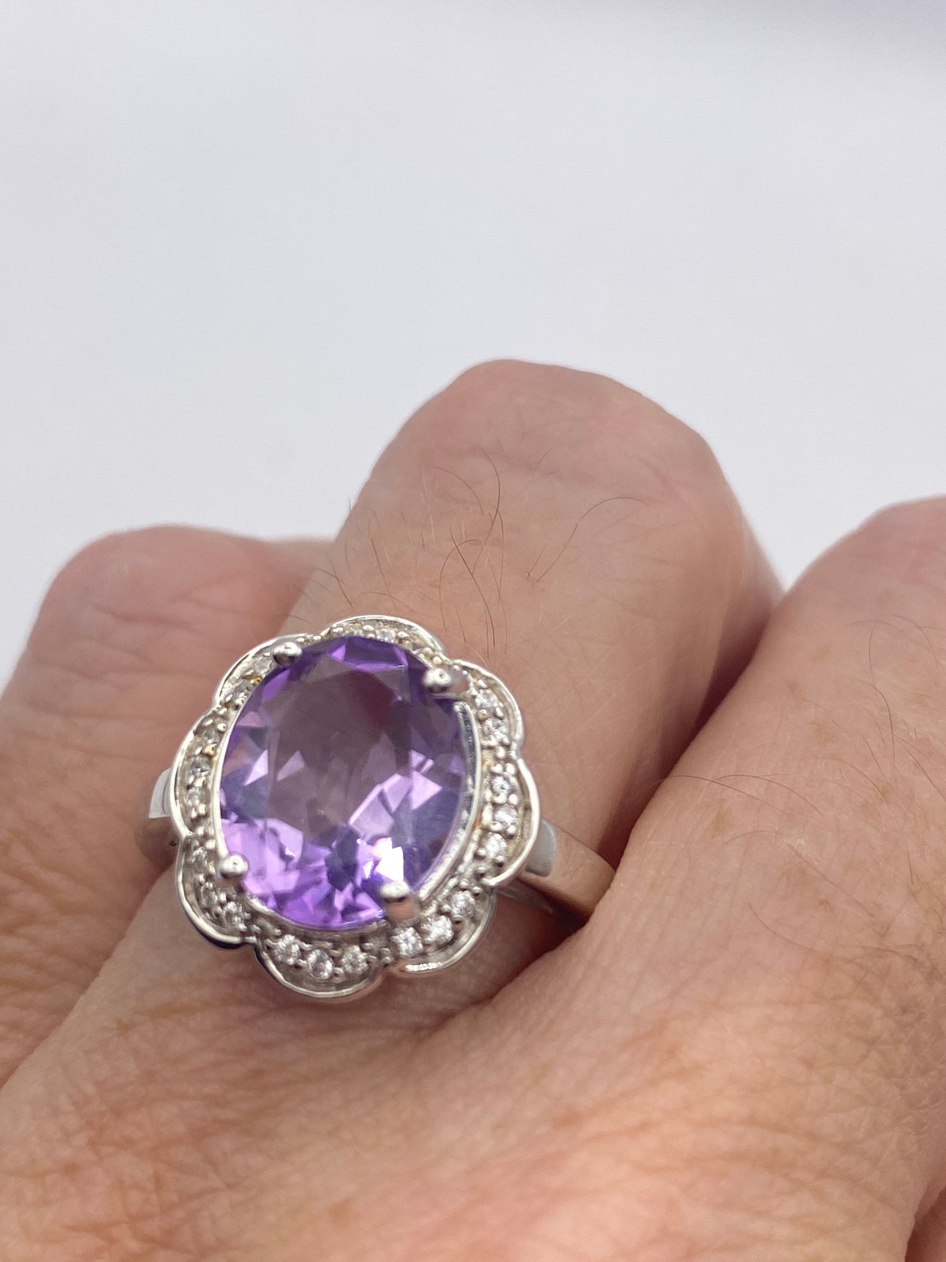 Vintage Purple Amethyst and Diamond Promise Ring Deco 925 Sterling Silver