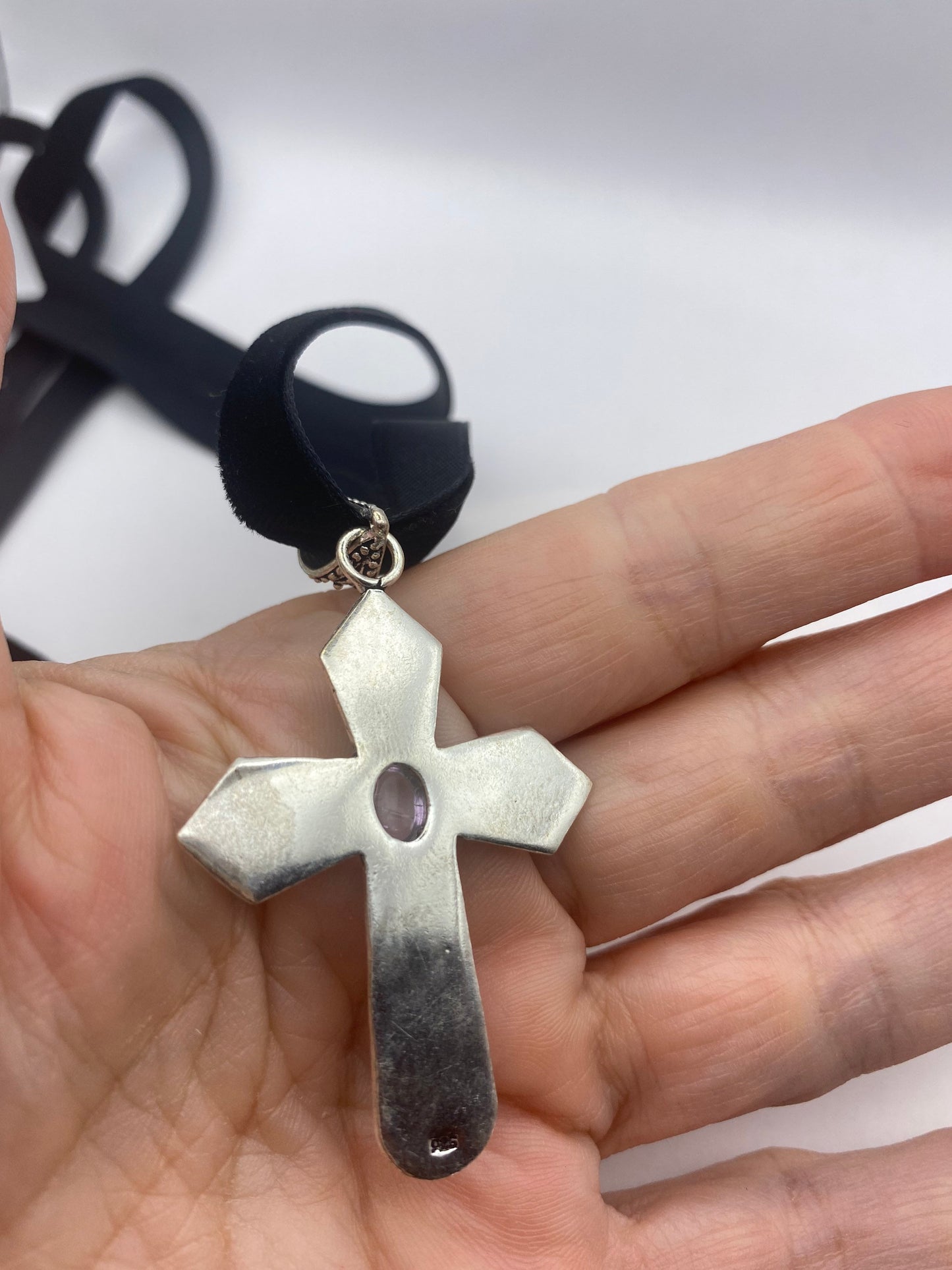 Vintage Purple Amethyst Bronze Silver Cross Pendant