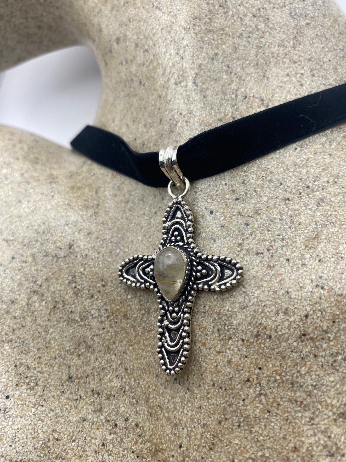 Vintage Rutile Quartz Bronze Silver Cross Pendant