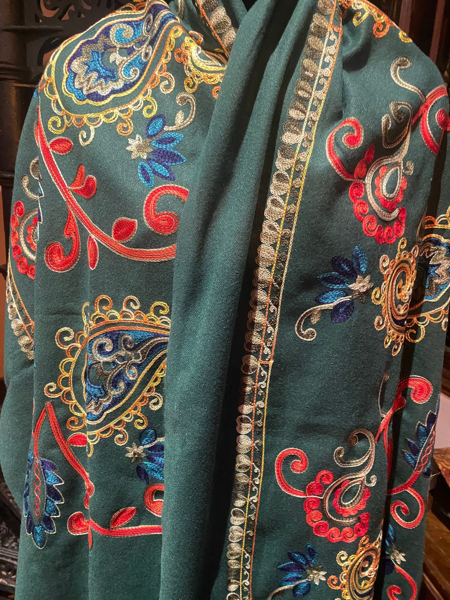 Vintage Forest Green Cashmere Pashmina Scarf Wrap Paisley Embroidered