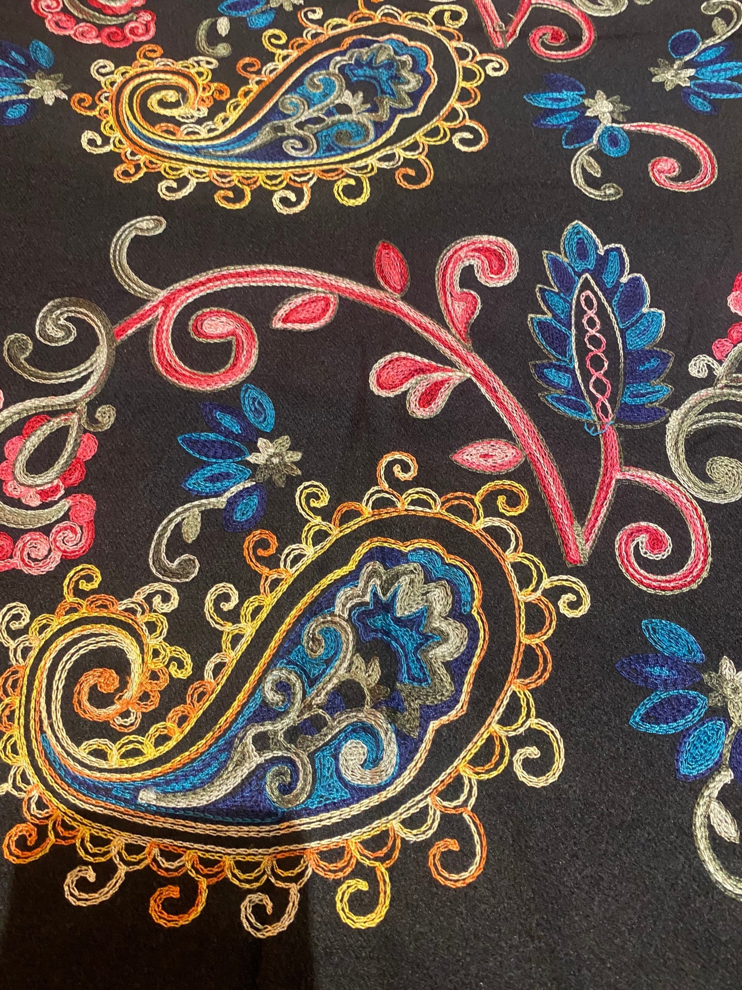 Vintage Black Cashmere Pashmina Scarf Wrap Paisley Embroidered