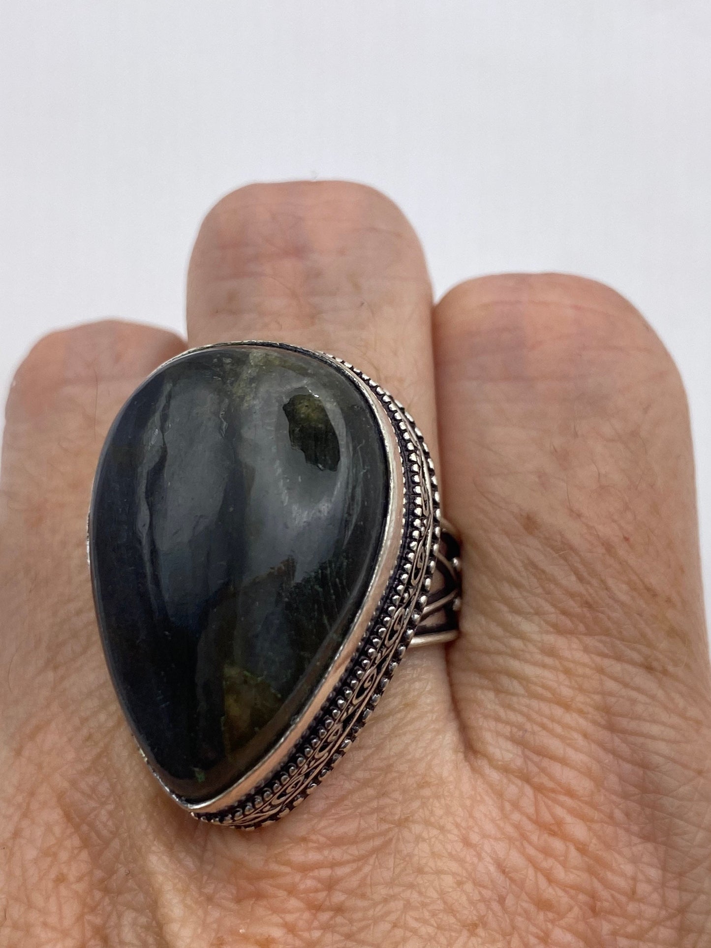 Vintage Large Blue Green Labradorite Stone Silver Ring