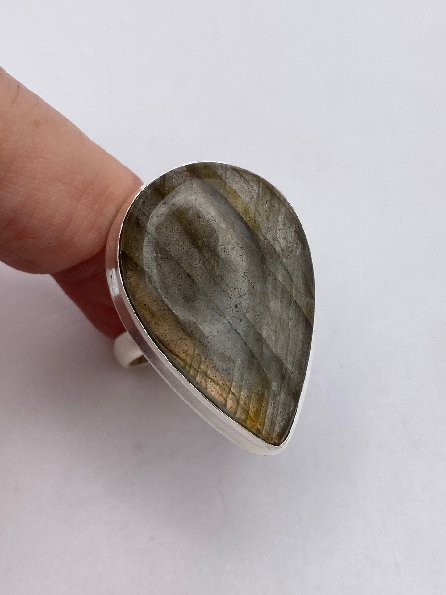 Vintage Large Bronze Green Labradorite Stone Silver Ring