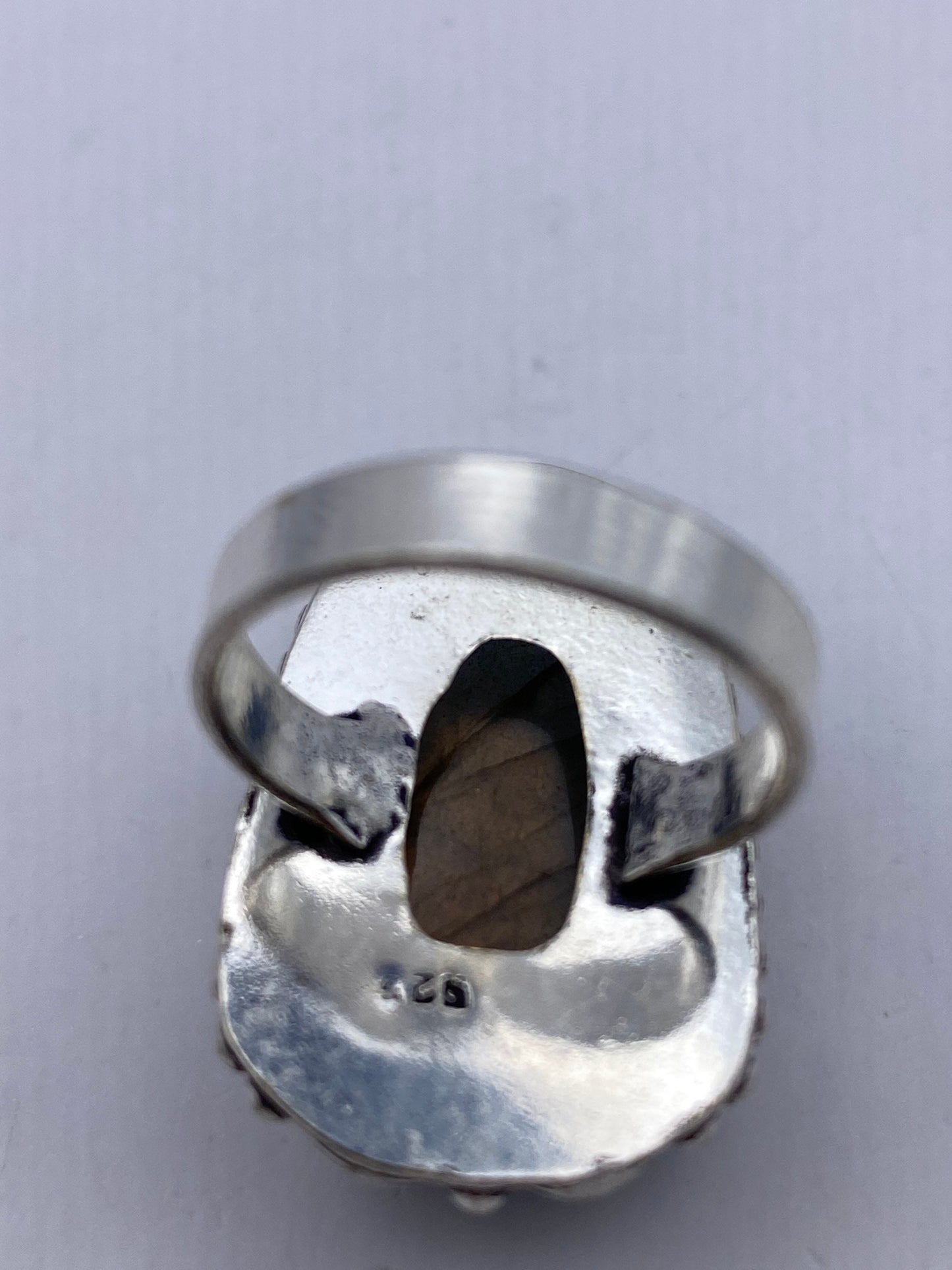 Vintage Large Bronze Green Labradorite Stone Silver Ring
