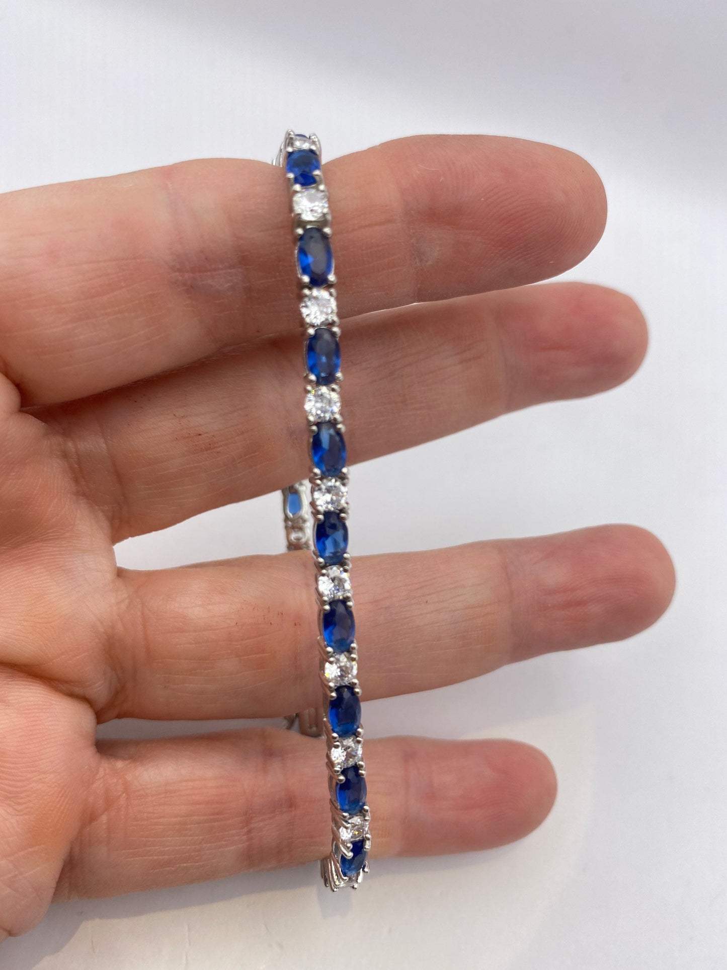 Vintage Blue Iolite Heart 925 Sterling Silver Tennis Bracelet