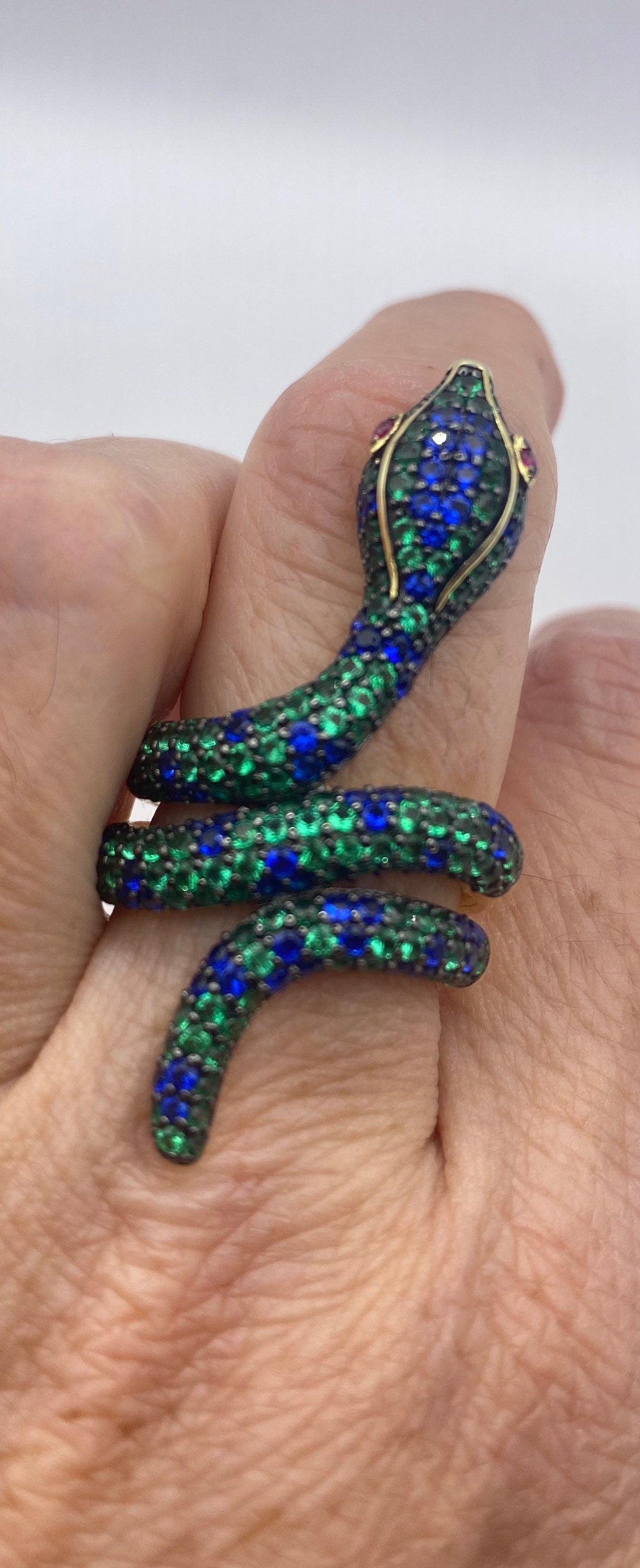 Vintage Snake Ring Sterling Silver Blue Green Crystal
