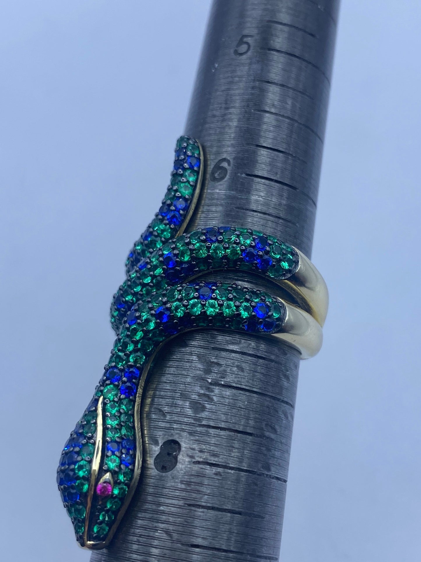 Vintage Snake Ring Sterling Silver Blue Green Crystal