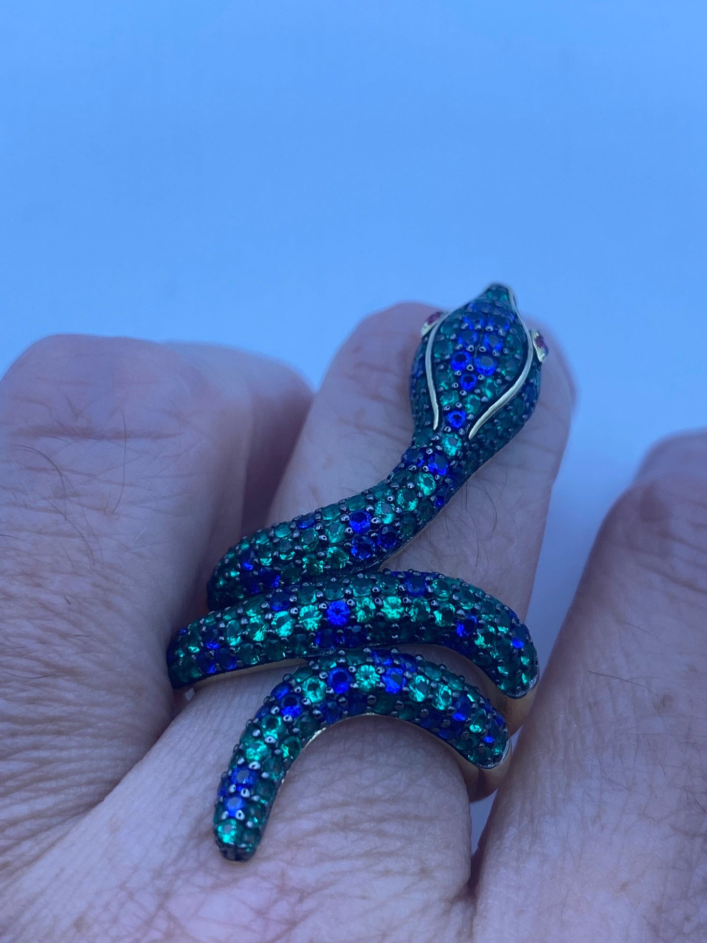 Vintage Snake Ring Sterling Silver Blue Green Crystal