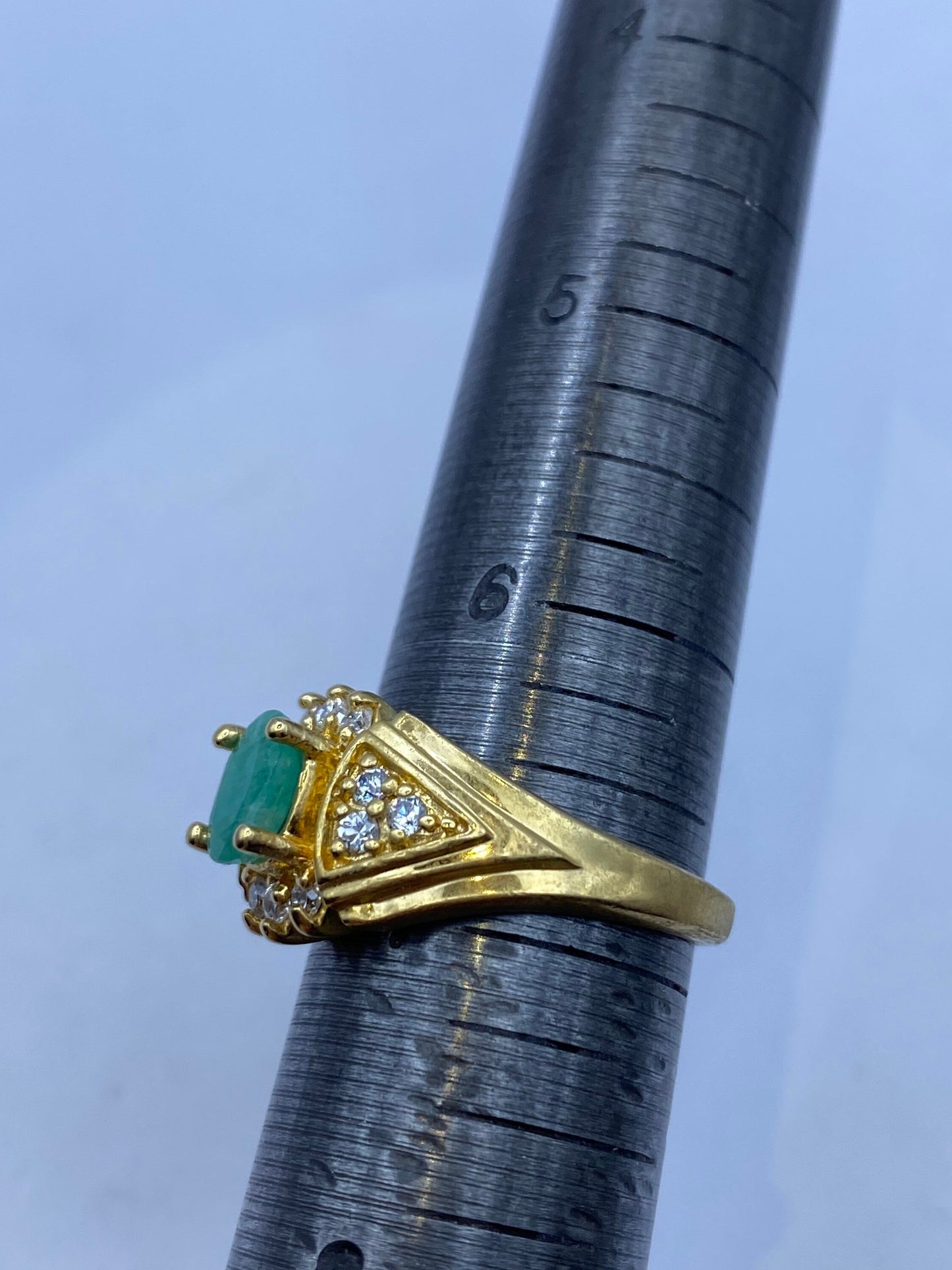 Vintage Green Emerald with Diamond Ring Golden 925 Sterling Silver