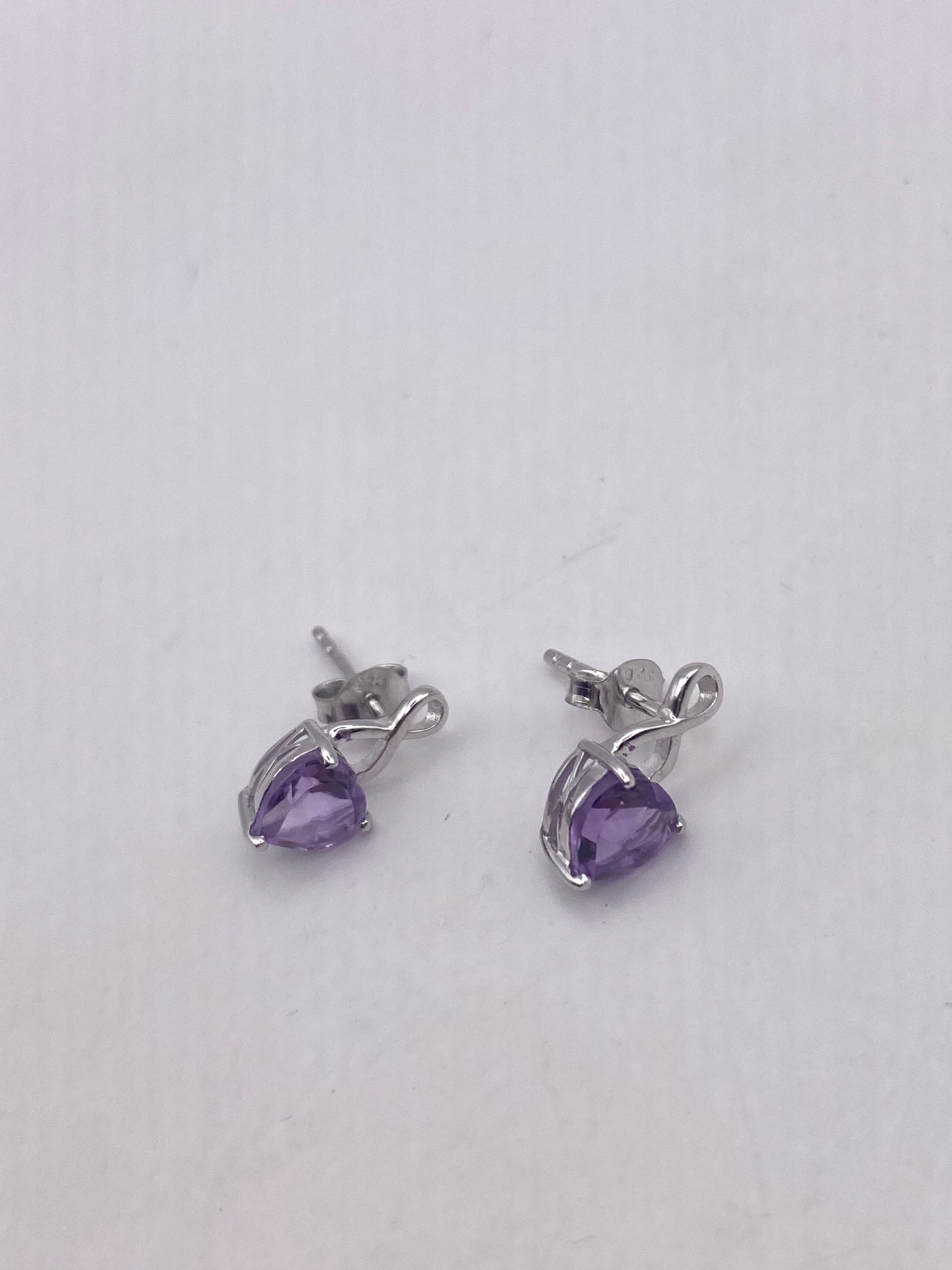 Vintage Purple Amethyst Heart Earrings 925 Sterling Silver Studs