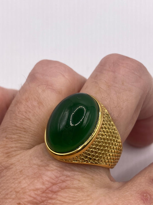 Vintage Deco Green Chrysopraise Golden Mens Ring