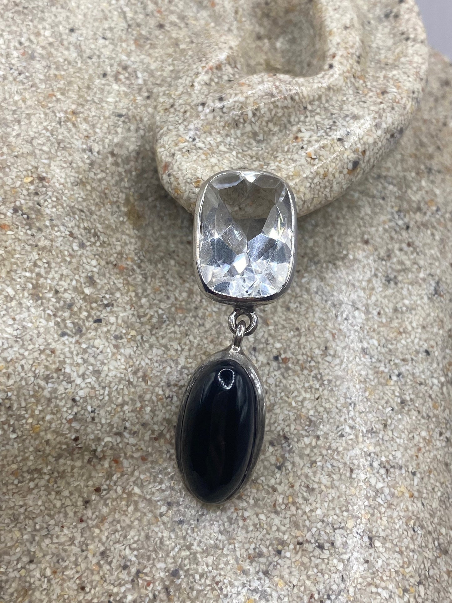Vintage Black Onyx White Topaz Earring 925 Sterling Silver Deco Dangle Chandelier