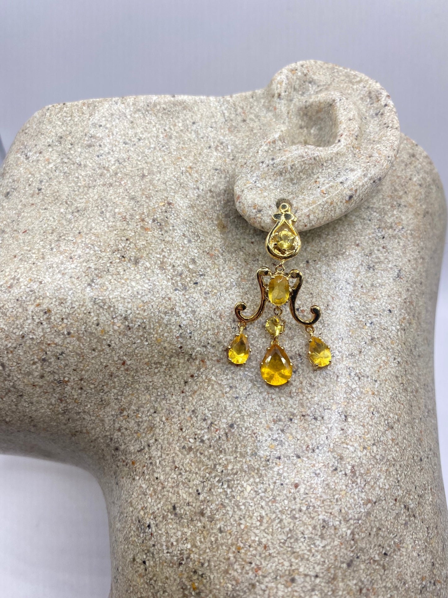 Vintage Citrine Earrings Golden 925 Sterling Silver Deco Chandelier Dangle