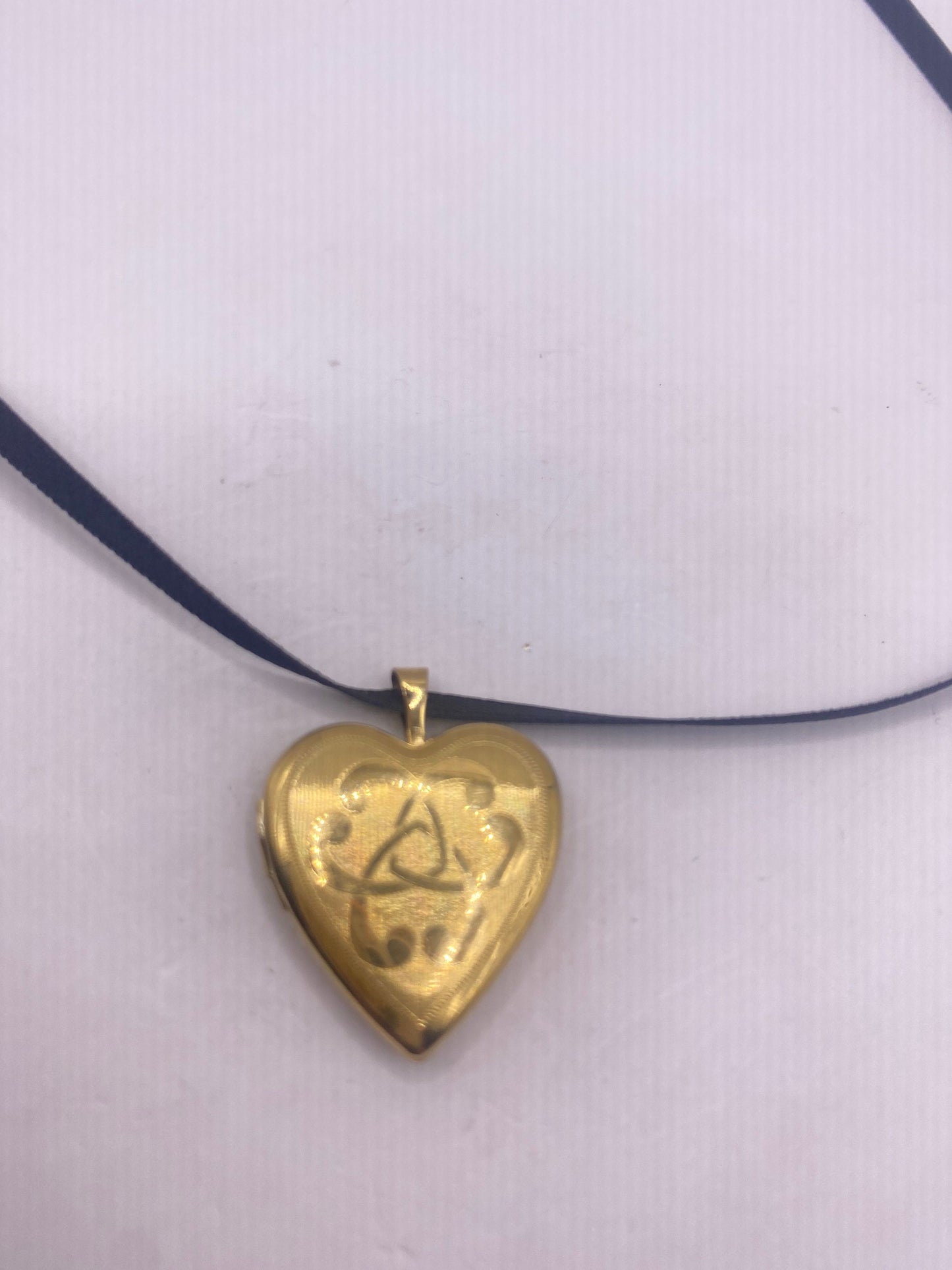 Vintage Gold Filled Heart Locket | Engraved Photo Charm, Ribbon Choker