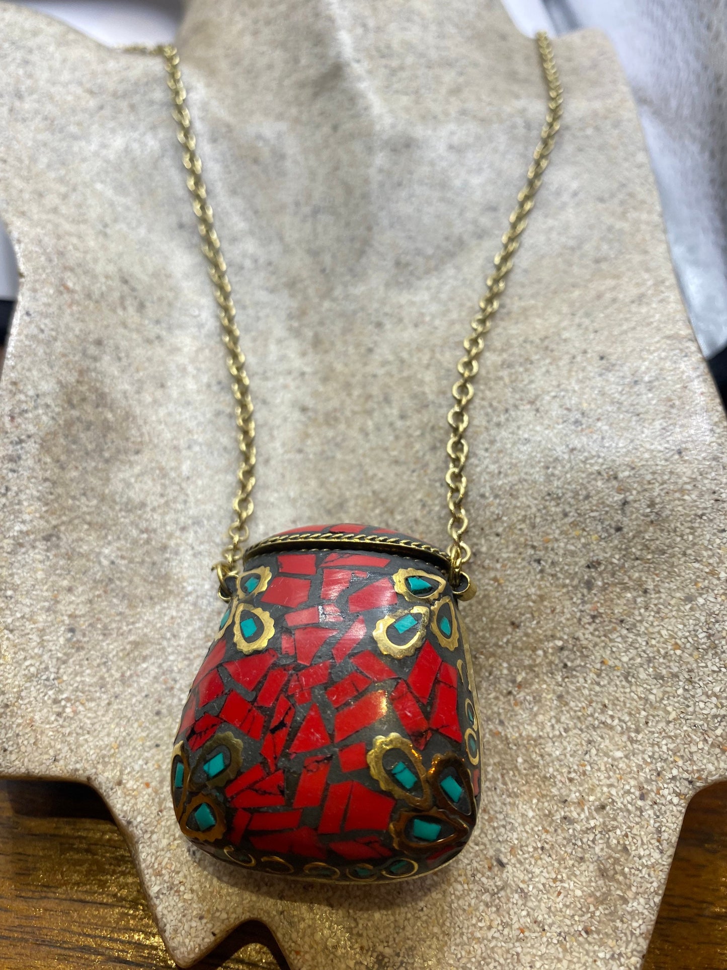 Bronze Mojo Bag Handmade Vintage Mosaic Gemstone Pendant Necklace