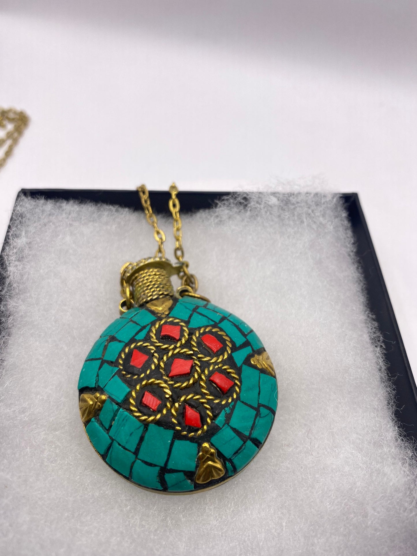 Vintage Perfume Oil Bottle mosaic Inlay Gemstone Pendant Necklace