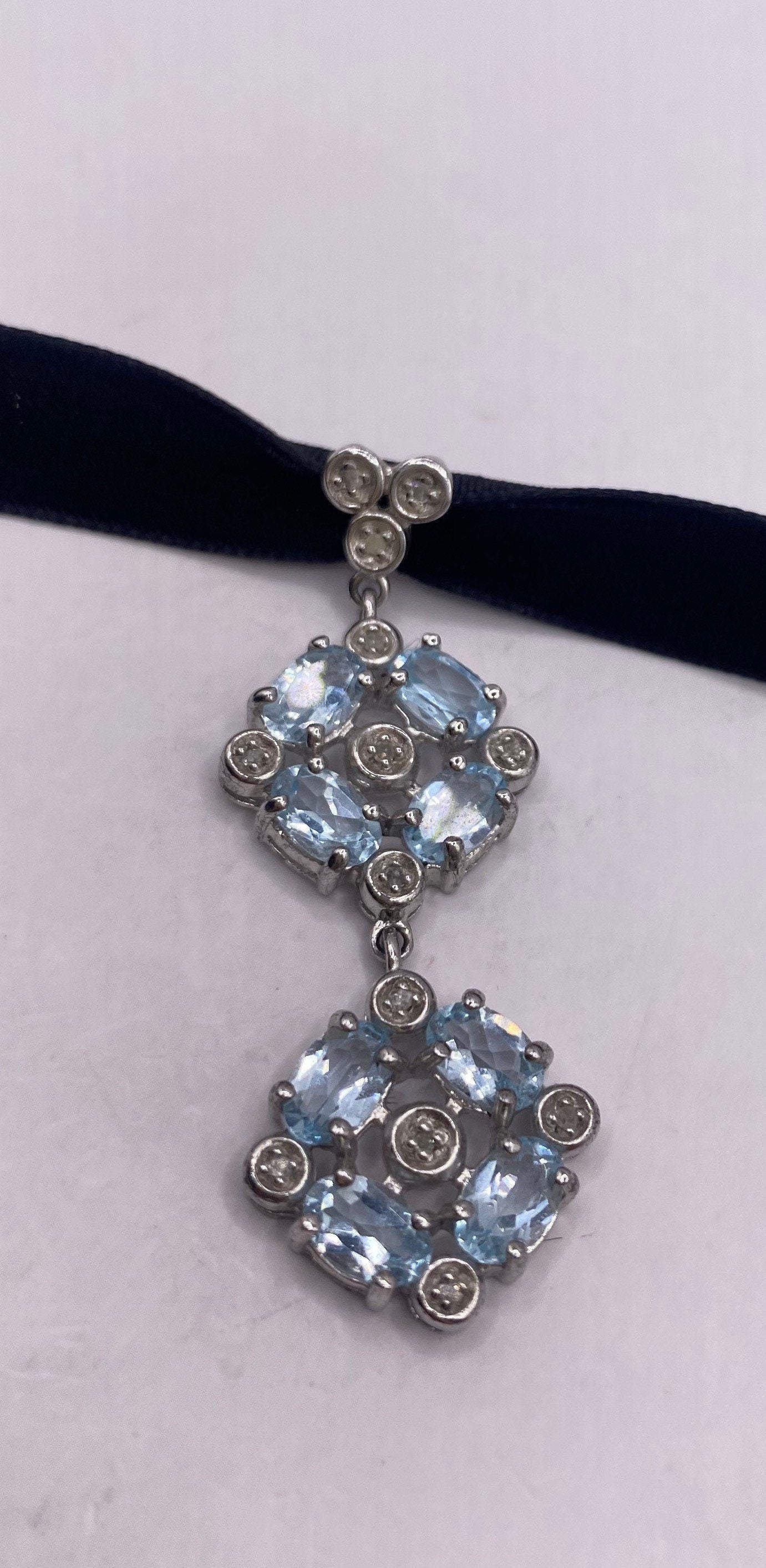 Vintage Blue Topaz Choker 925 Sterling Silver Necklace Pendant