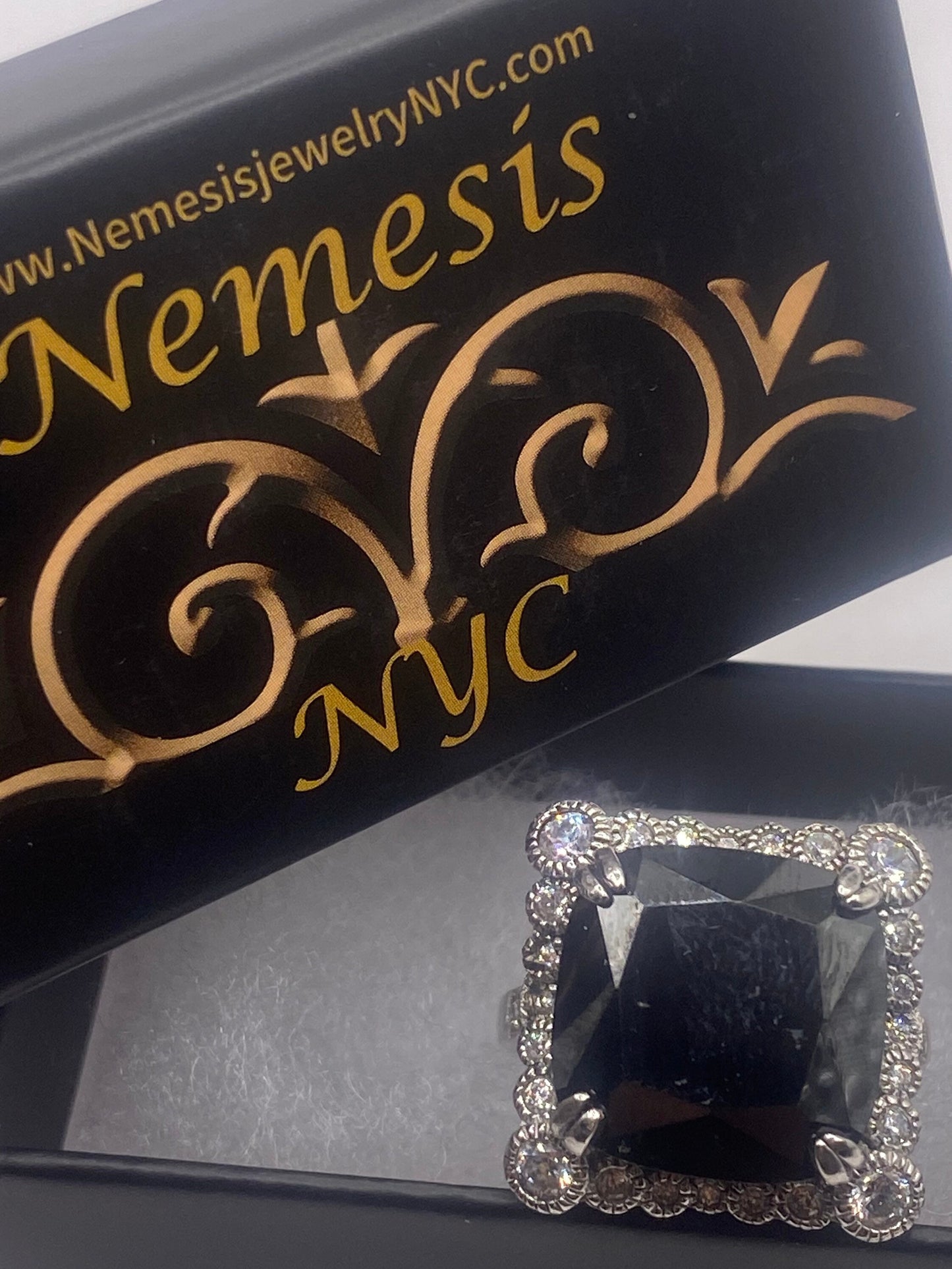 Vintage Black Jet Cubic Zirconia Crystal Sterling Silver Cocktail Ring Size 9.25
