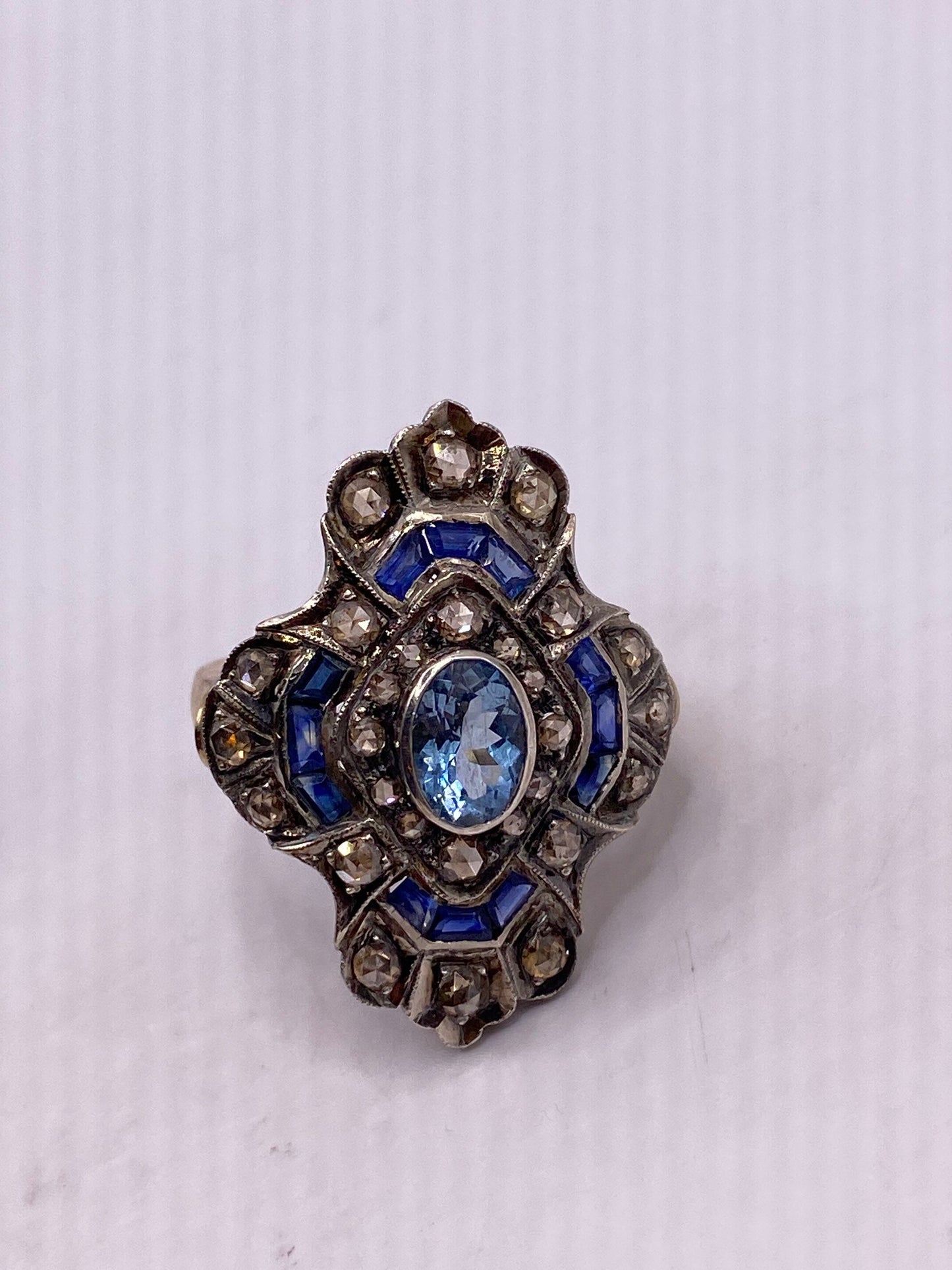 Vintage Blue Topaz Sapphire with Rose Cut Diamond in 925 Sterling Silver and 18k Gold Cocktail Ring