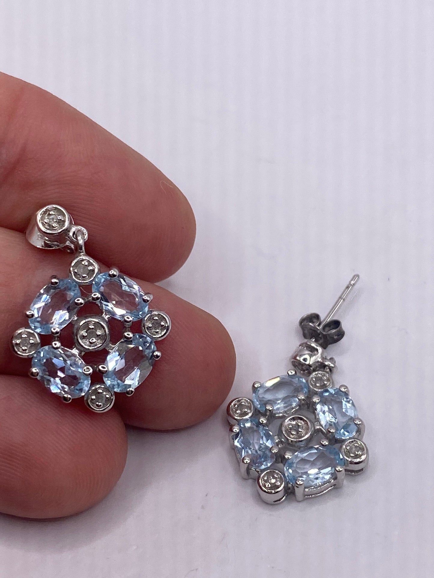 Vintage Blue Topaz Tiny Diamond 925 Sterling Silver Drop Earrings