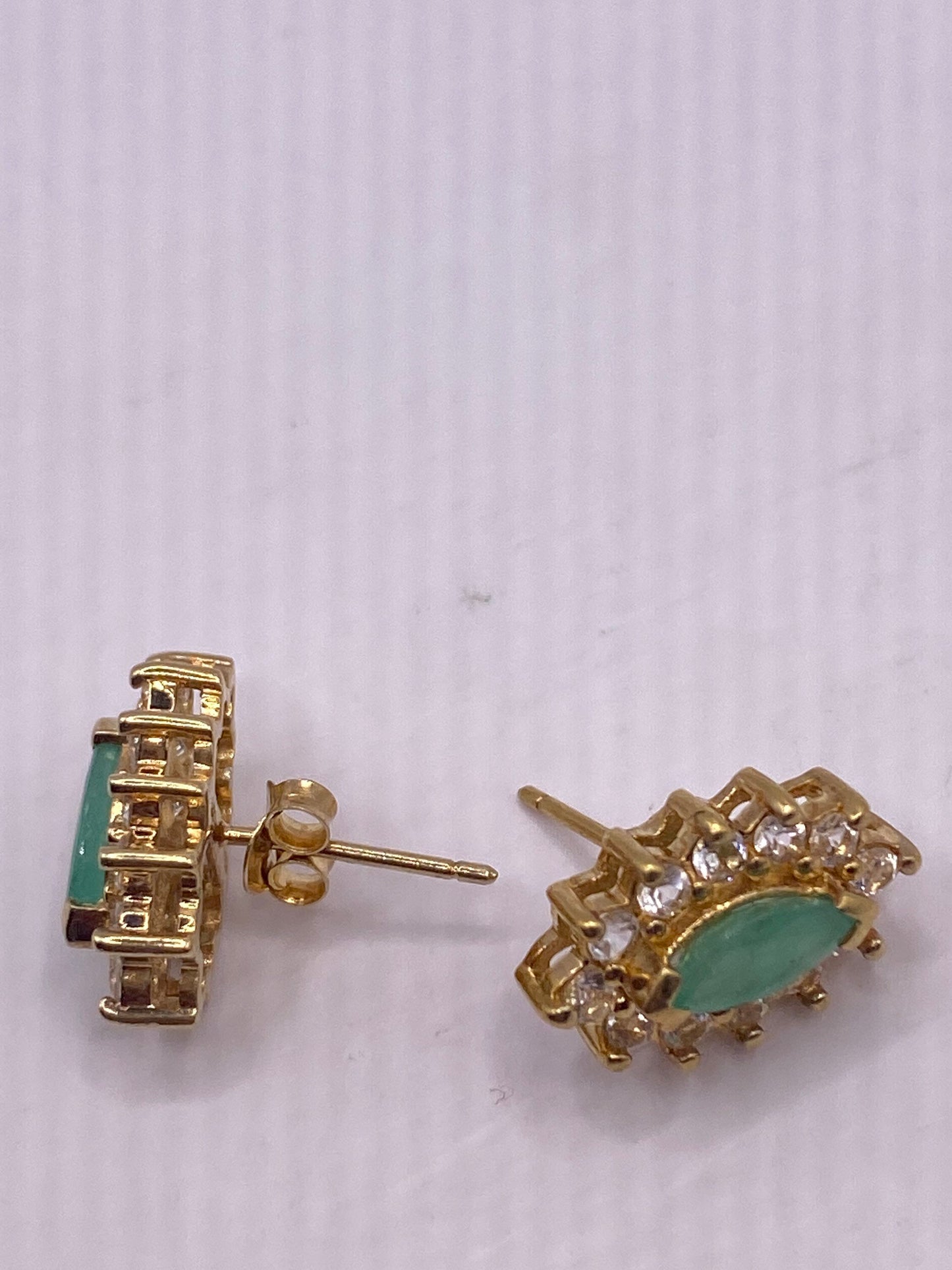 Vintage Handmade Sterling Silver Genuine Green Emerald White Sapphire Stud button Earrings