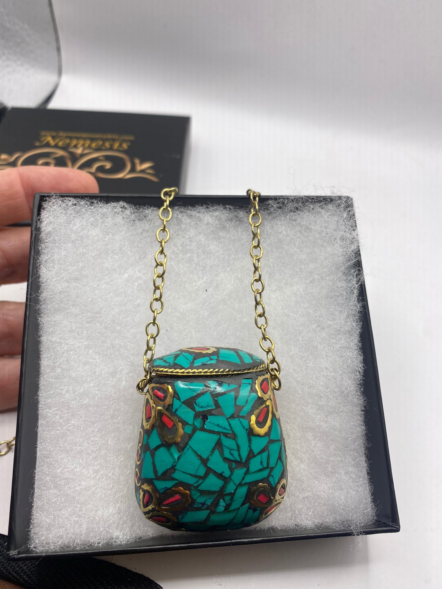 Bronze Mojo Bag Handmade Vintage Mosaic Gemstone Pendant Necklace