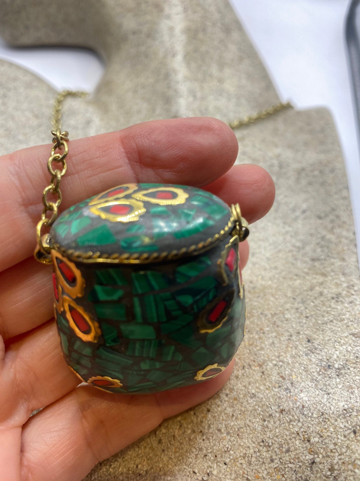 Bronze Mojo Bag Handmade Vintage Mosaic Gemstone Pendant Necklace