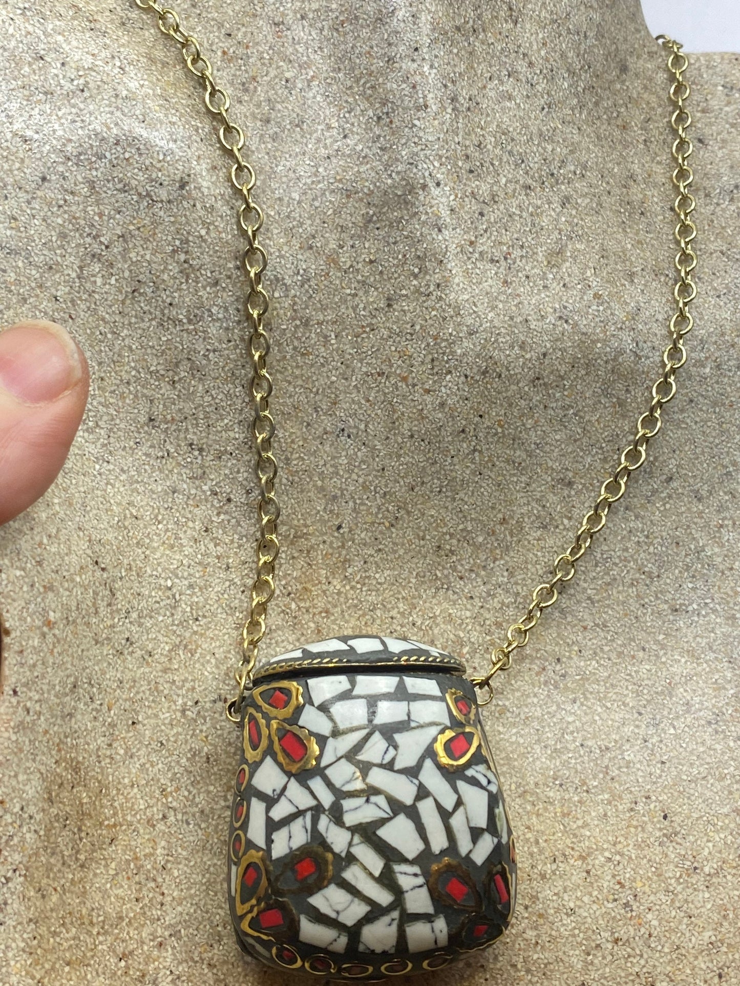 Bronze Mojo Bag Handmade Vintage Mosaic Gemstone Pendant Necklace