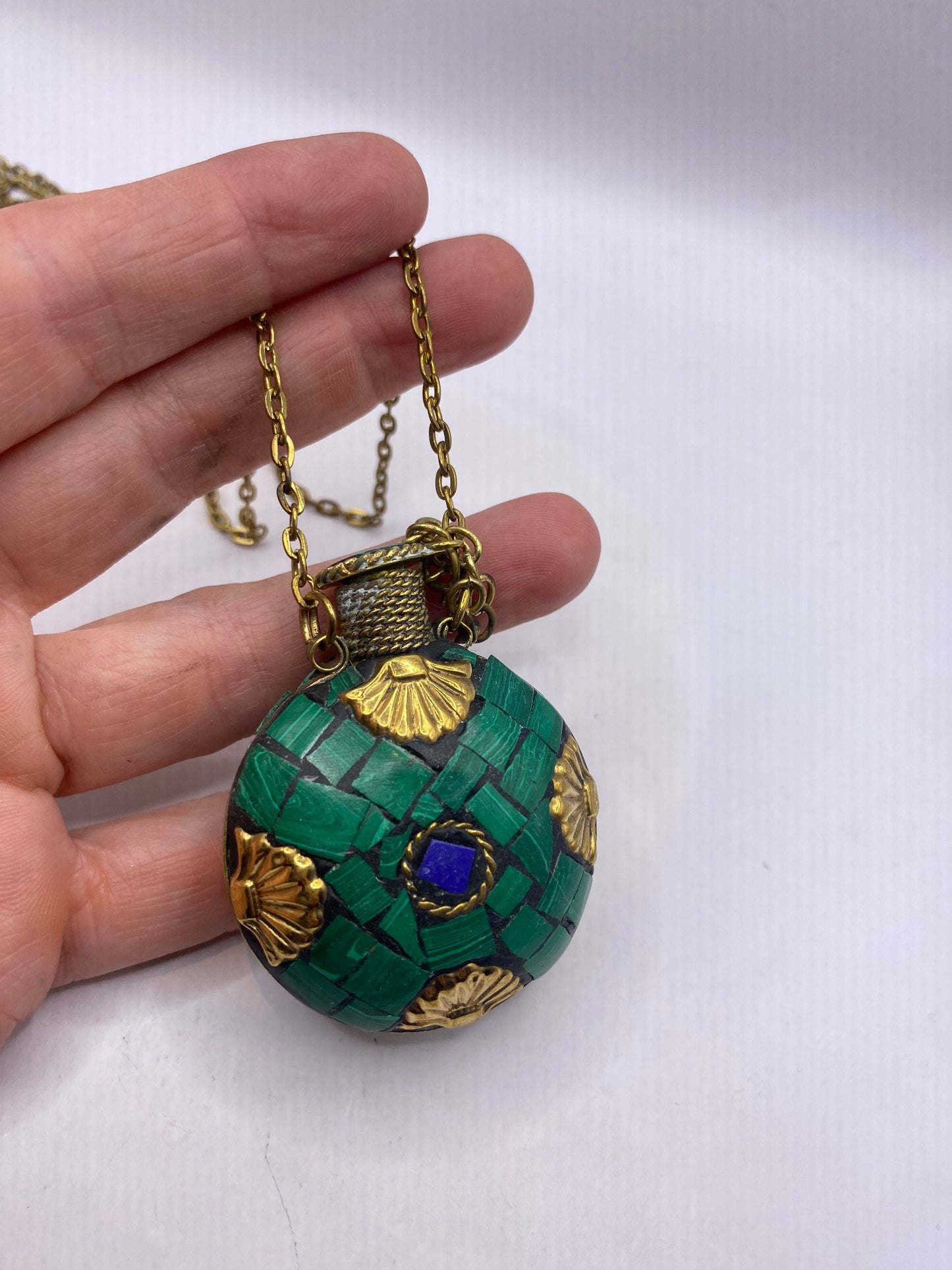 Vintage Perfume Oil Bottle mosaic Inlay Gemstone Pendant Necklace