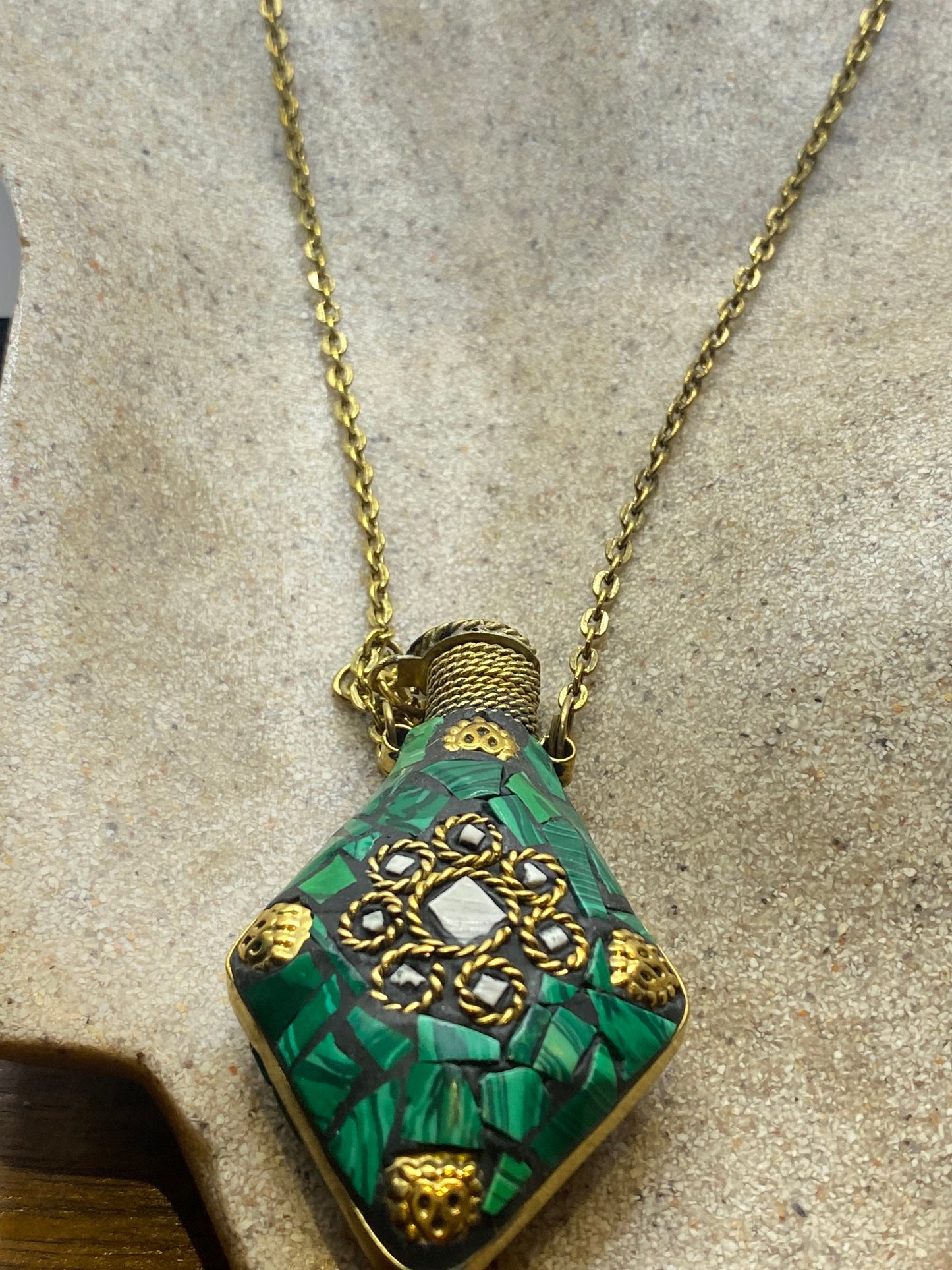 Vintage Perfume Oil Bottle mosaic Inlay Gemstone Pendant Necklace