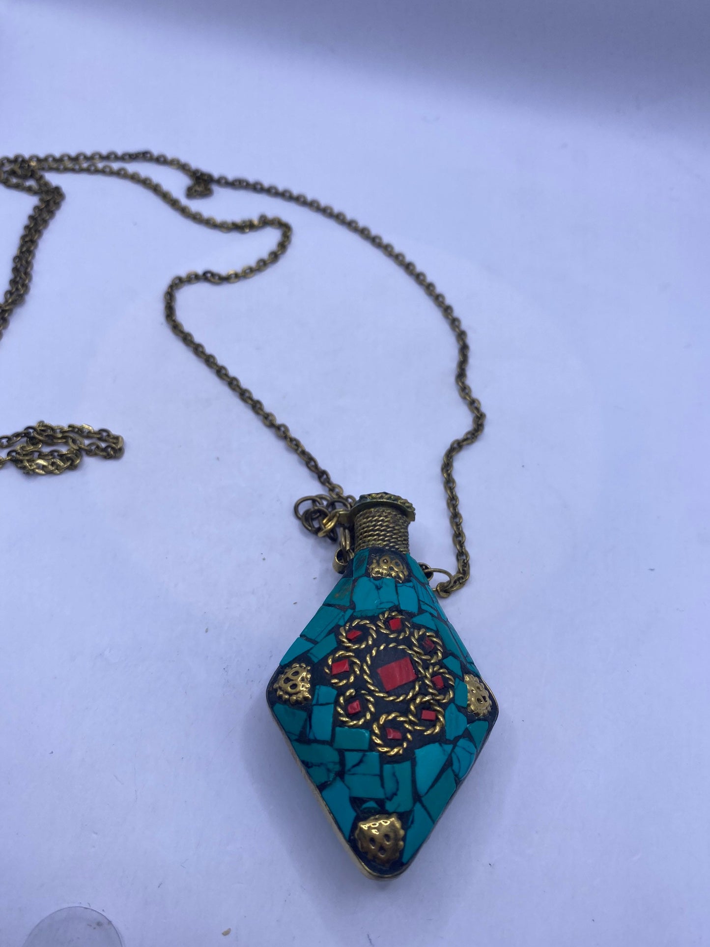 Vintage Perfume Oil Bottle mosaic Inlay Gemstone Pendant Necklace
