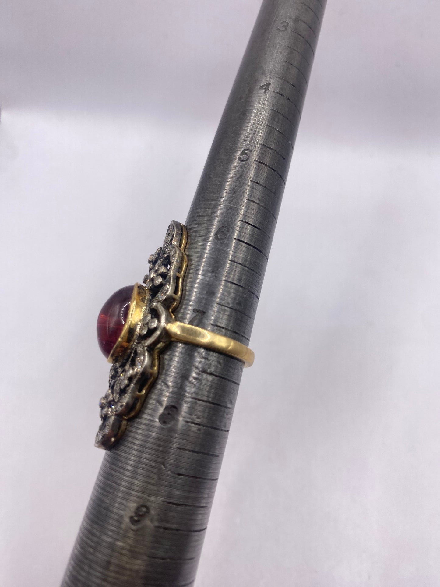 Vintage Red Tourmaline with Rose Cut Diamond in 925 Sterling Silver and 18k Gold Cocktail Ring