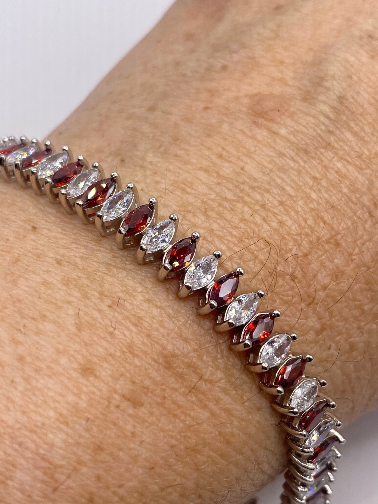 Vintage Red Garnet Tennis Bracelet in 925 Sterling Silver