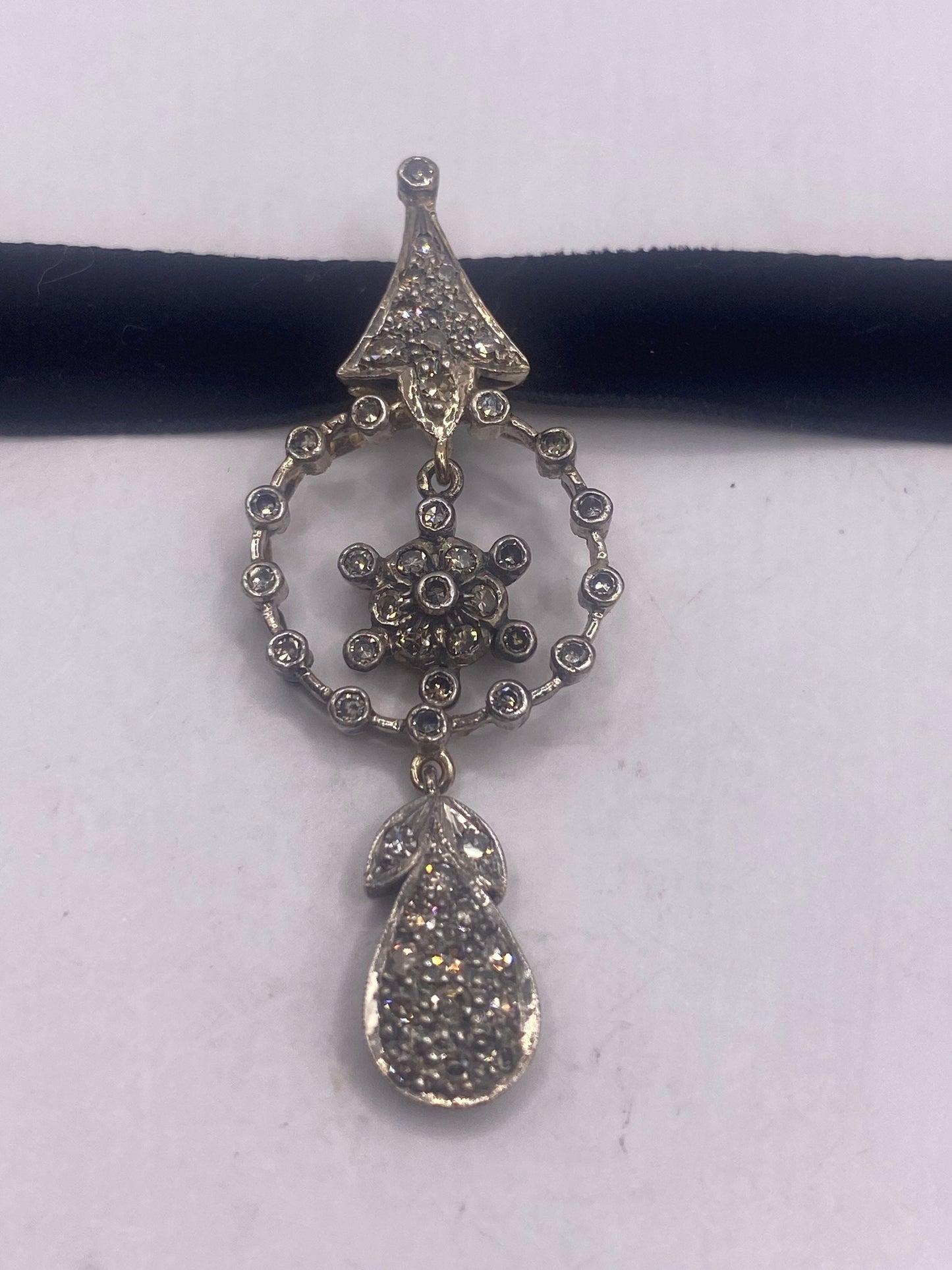 Vintage Old Mine Diamond 925 Sterling Silver Pendant Choker