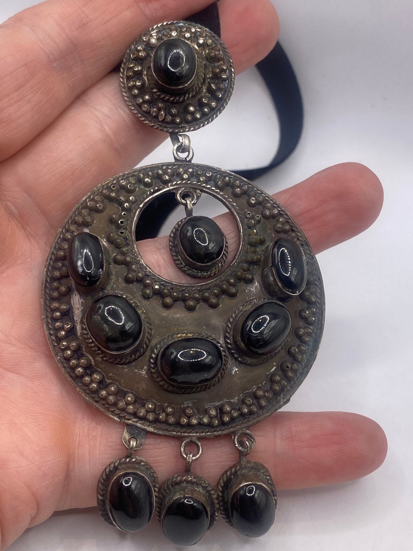 Vintage 925 Sterling Silver Black Star of India Choker Star Diopside Pendant