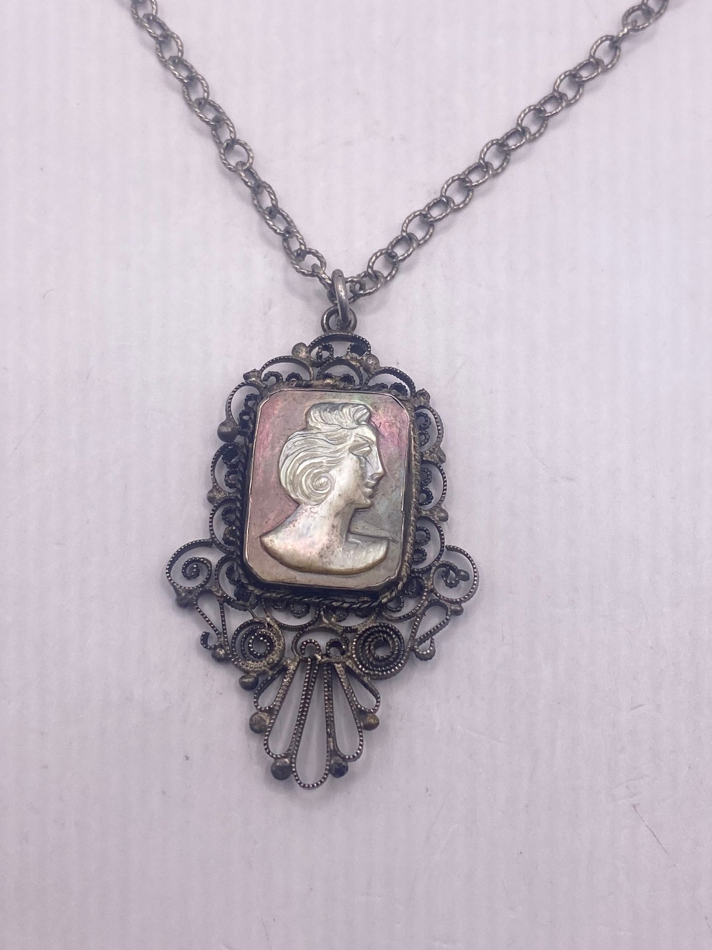Vintage Mother of Pearl Cameo Sterling Silver Necklace Choker