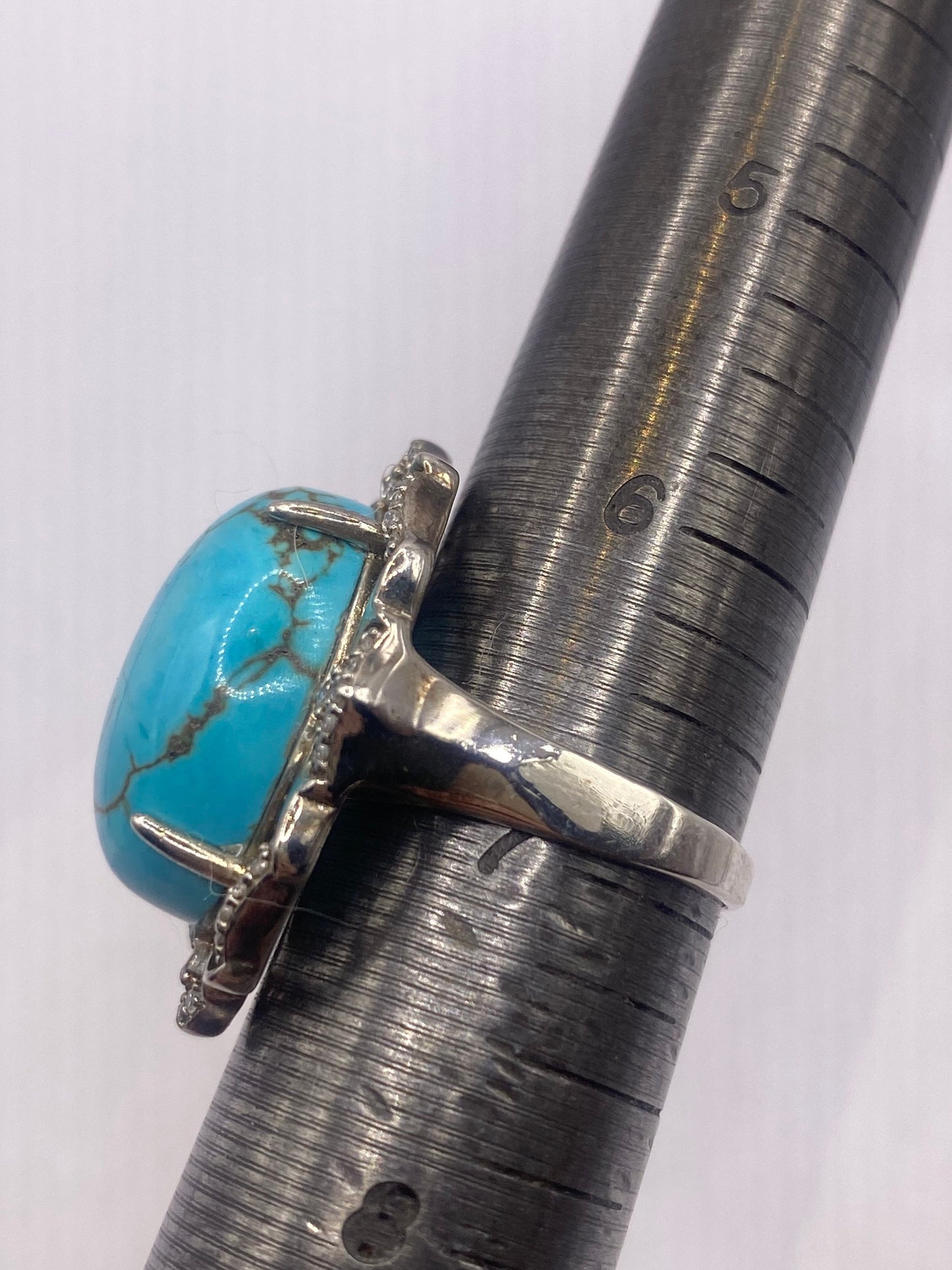 Vintage Persian Turquoise and White Sapphire Gemstone 925 Sterling Silver Ring