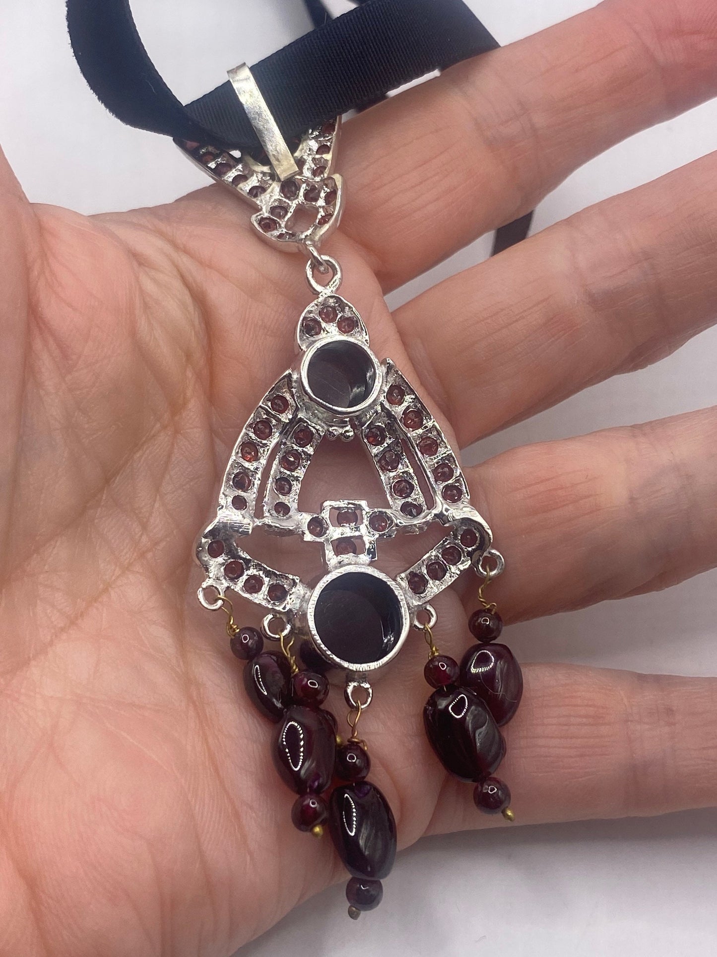 Vintage Handmade Genuine Garnet Toumaline 925 Sterling Silver Rhodium Deco Pendant