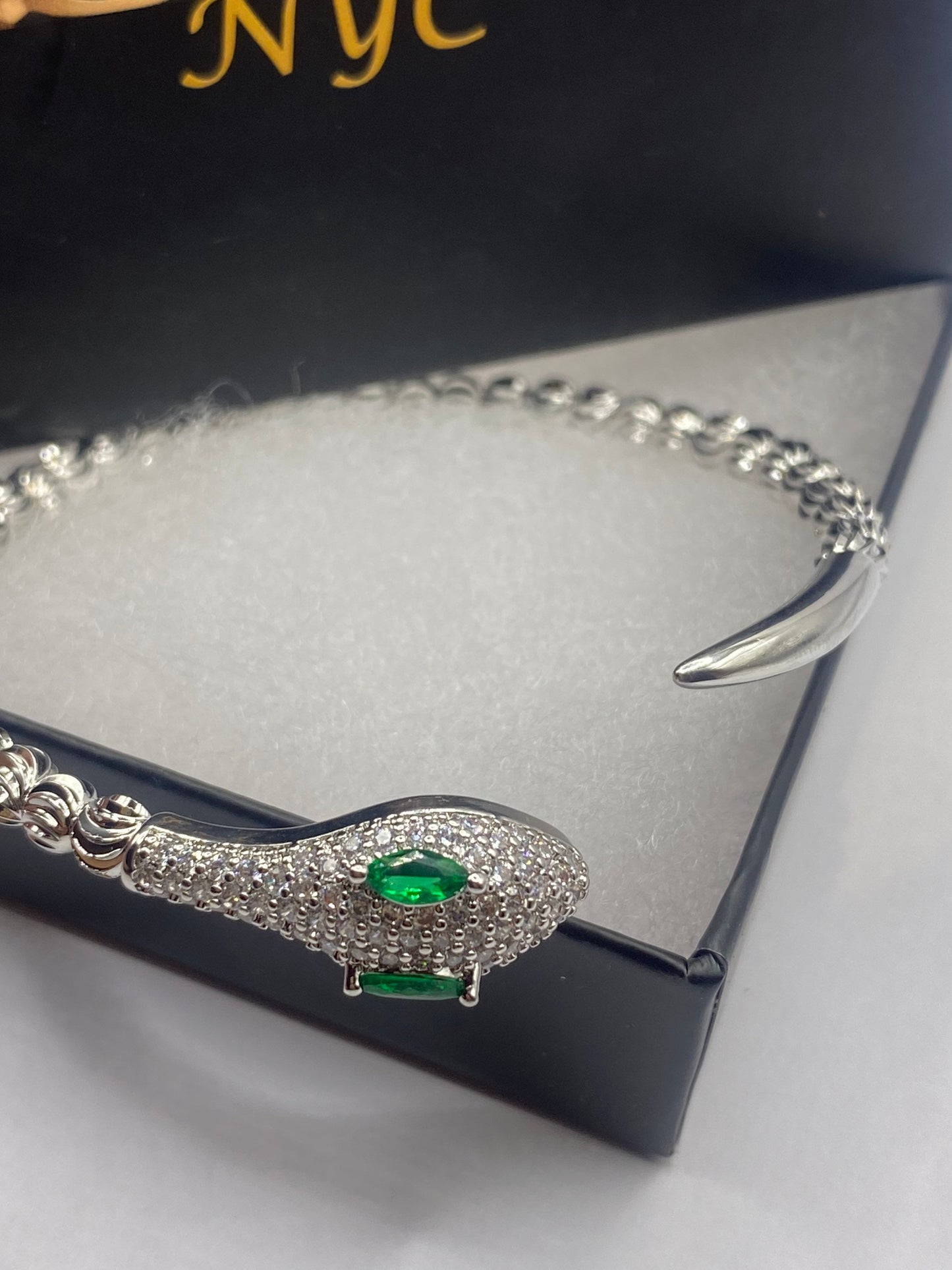 Vintage Snake Bangle Bracelet White Gold filled Green Crystal Eyes