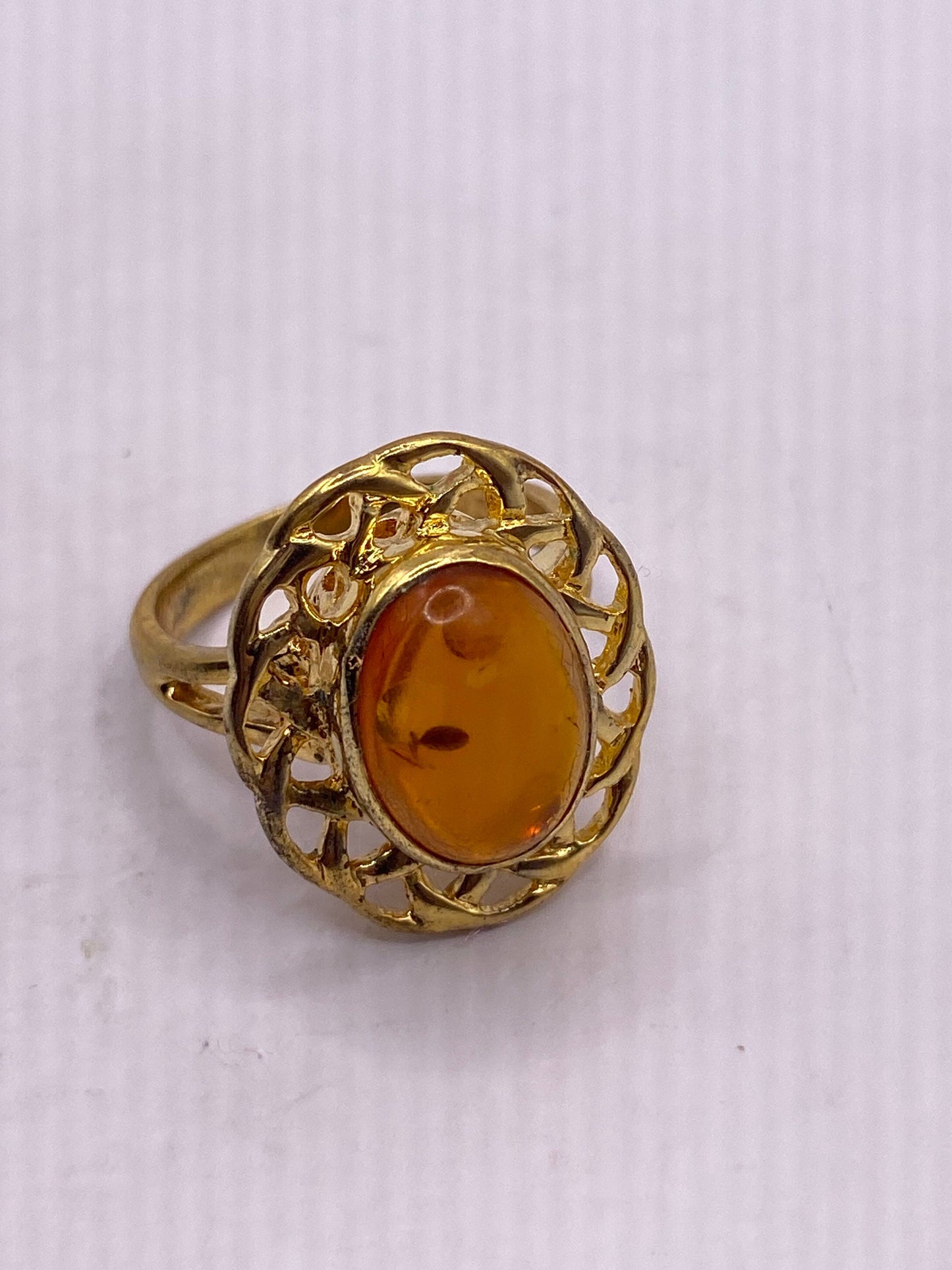 Vintage Baltic Resin Ring Gold 925 Sterling Silver Cocktail Ring