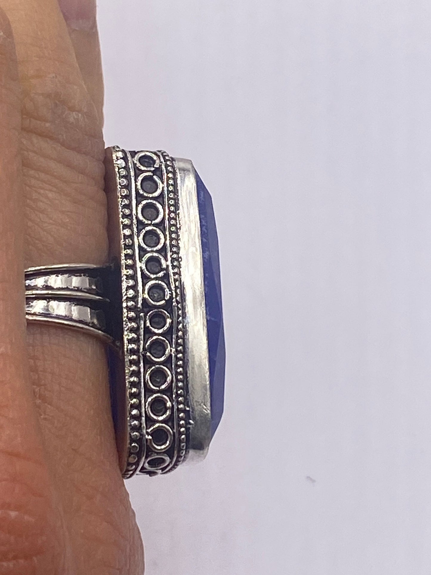 Vintage Deep Blue Sapphire White Bronze Silver Gothic Ring